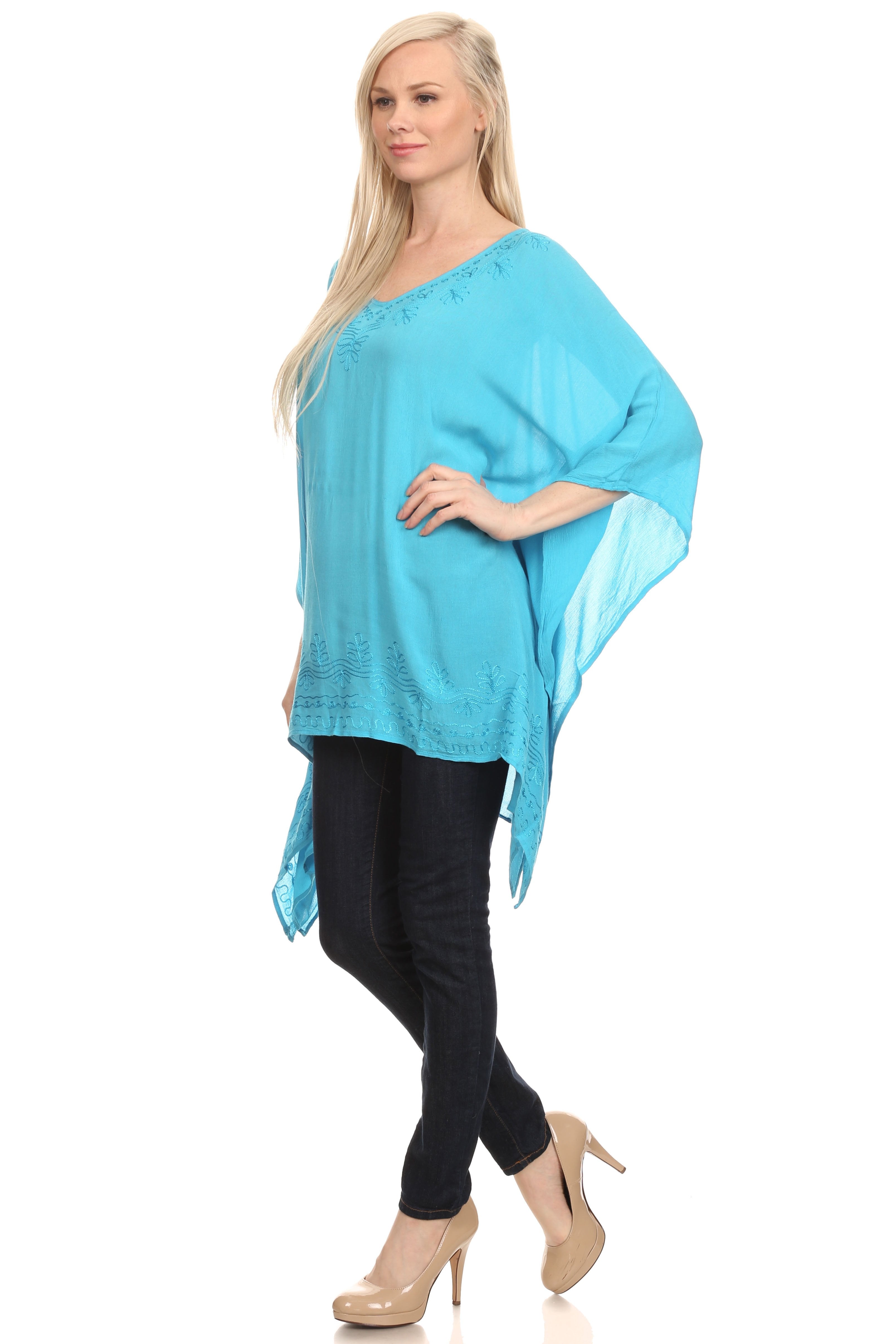 Sakkas - Wren Lightweight Circle Poncho Top Blouse With Detailed Embroidery