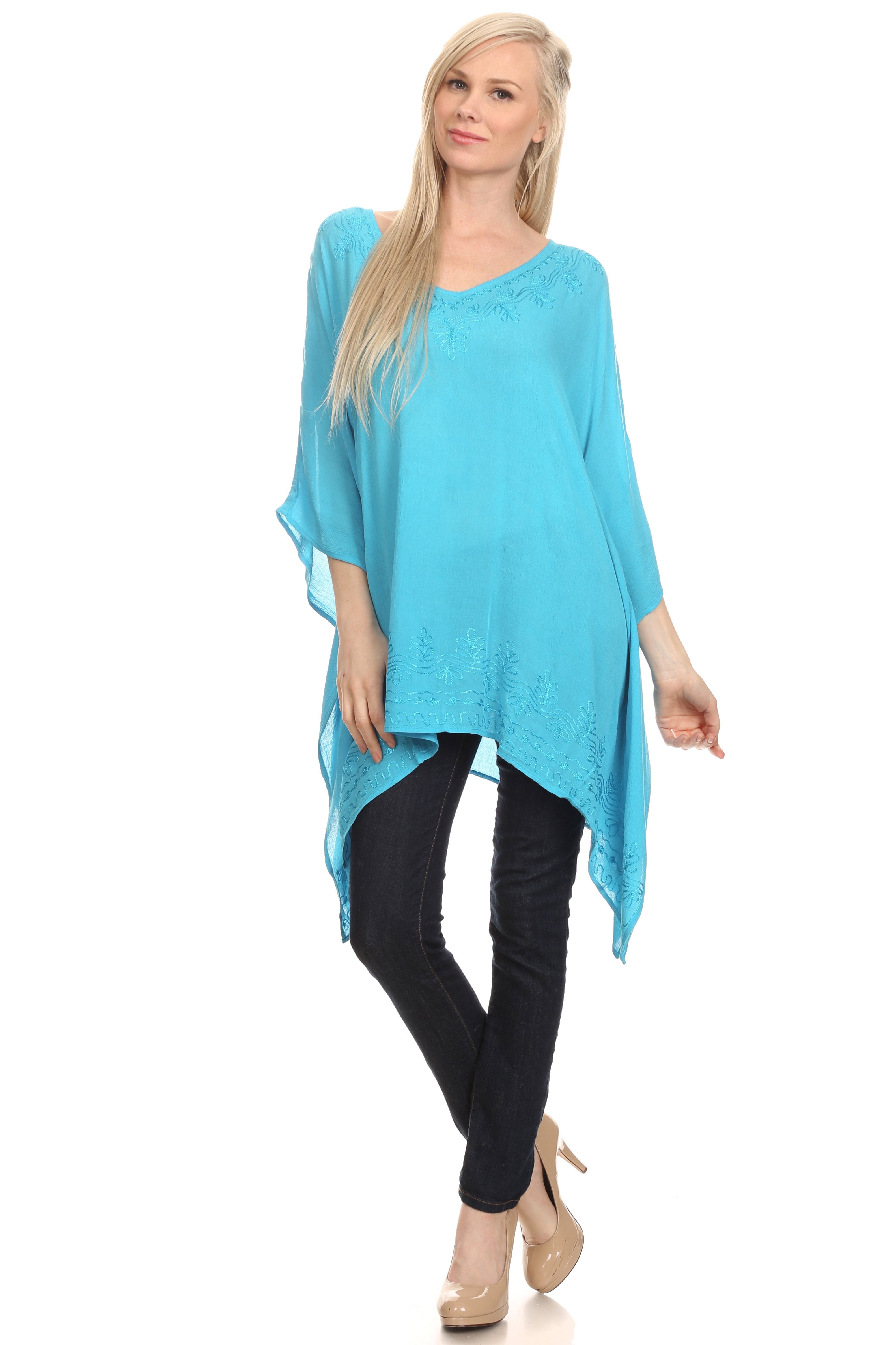 Sakkas - Wren Lightweight Circle Poncho Top Blouse With Detailed Embroidery