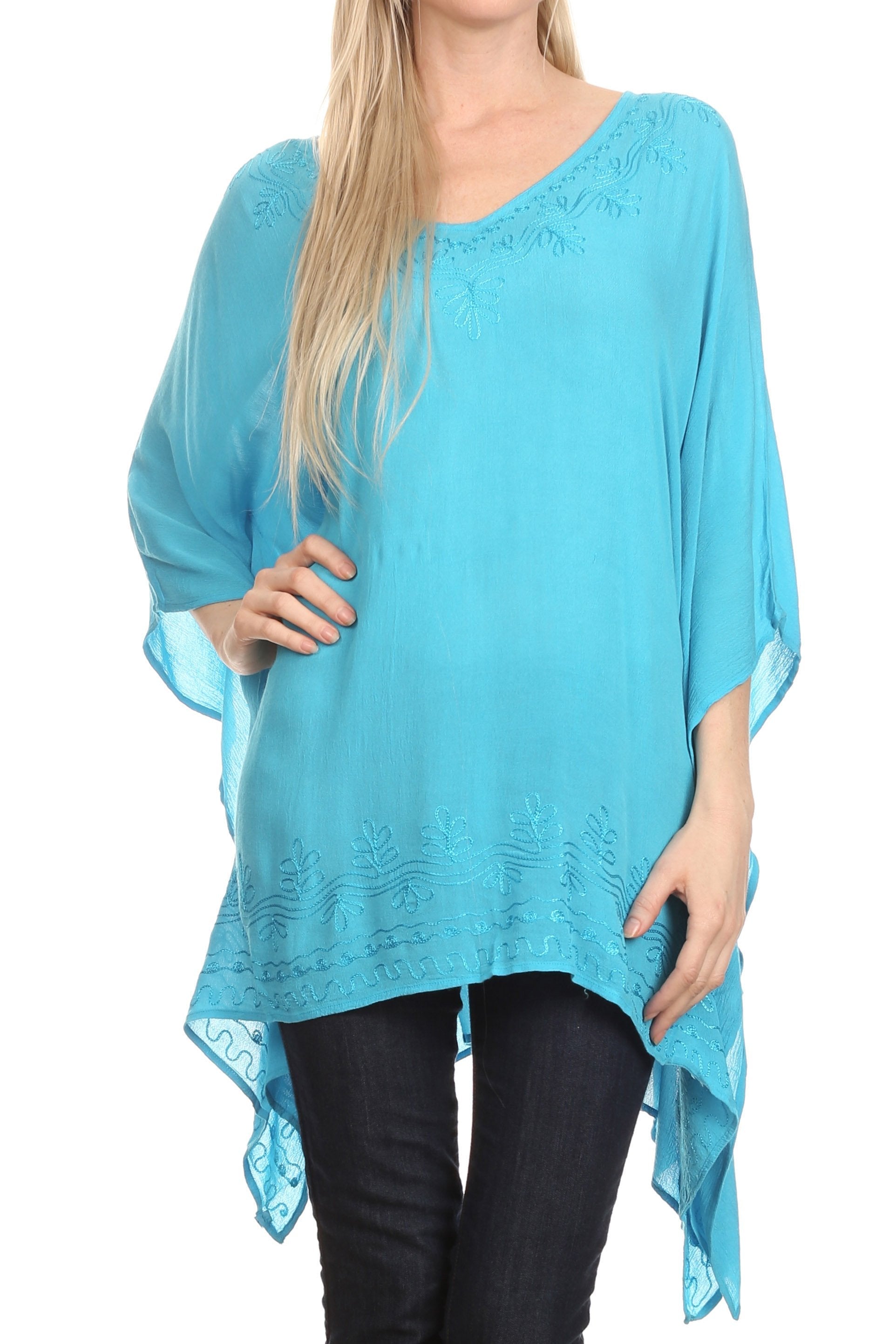 Sakkas - Wren Lightweight Circle Poncho Top Blouse With Detailed Embroidery