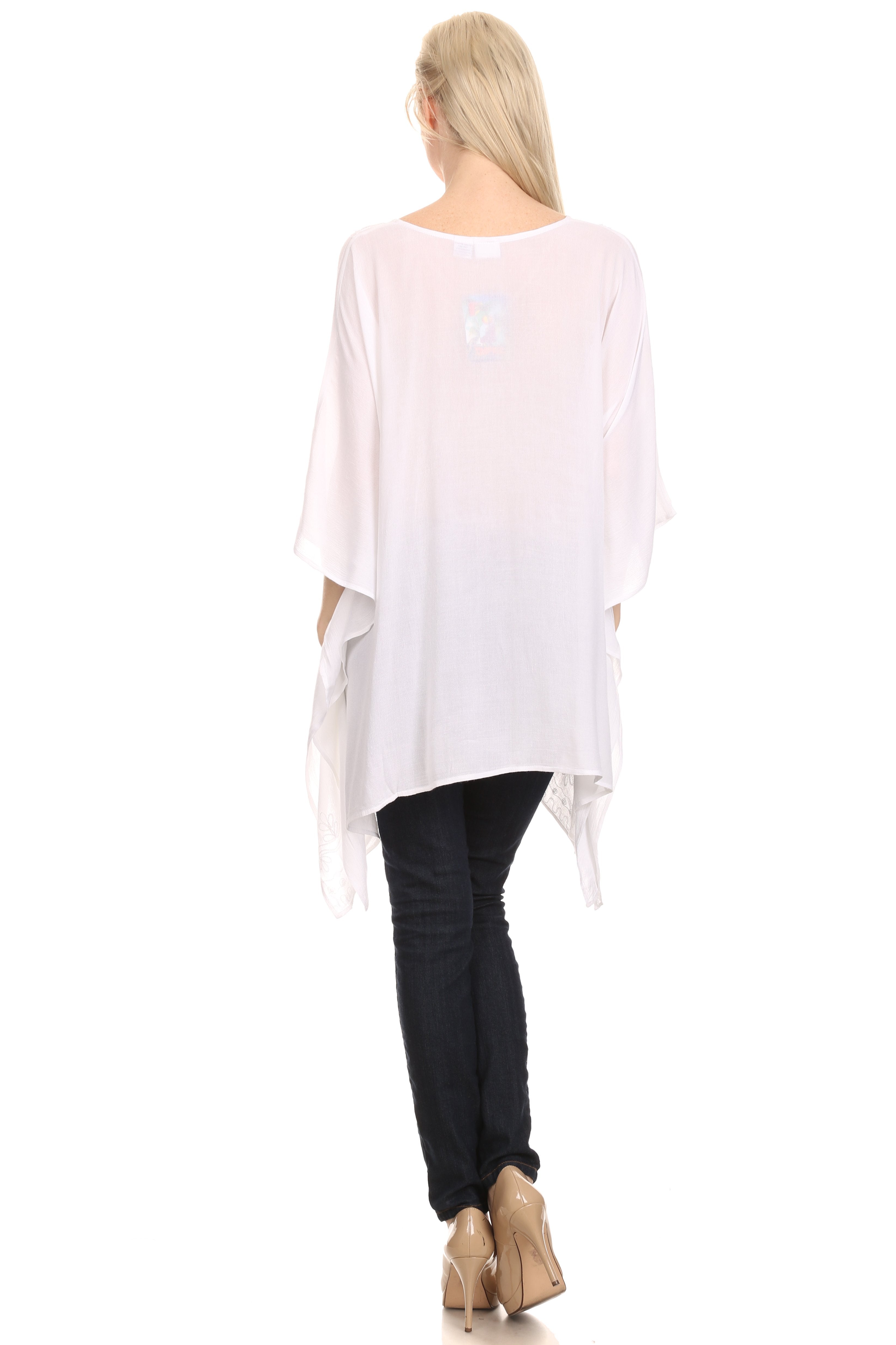 Sakkas - Wren Lightweight Circle Poncho Top Blouse With Detailed Embroidery