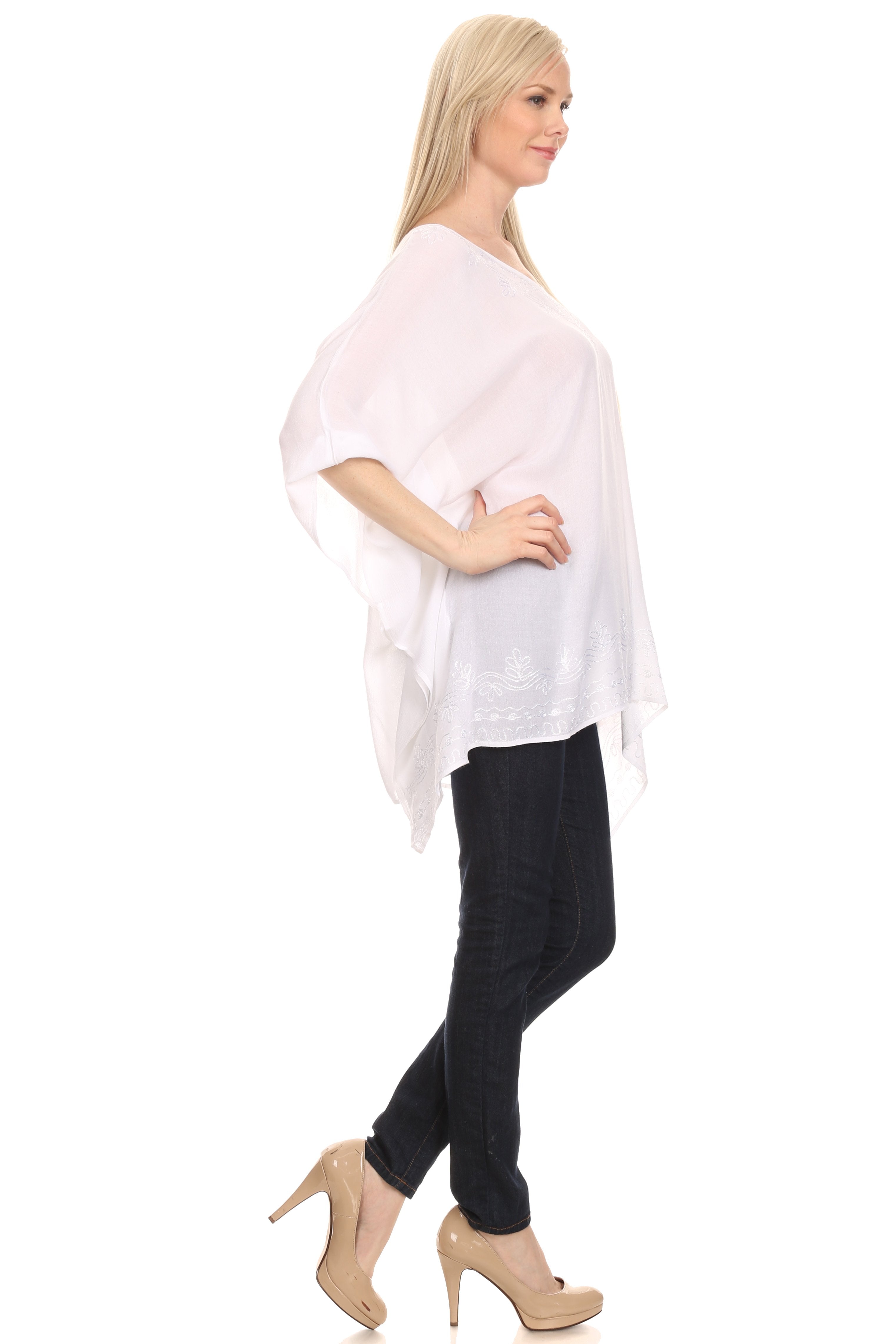 Sakkas - Wren Lightweight Circle Poncho Top Blouse With Detailed Embroidery