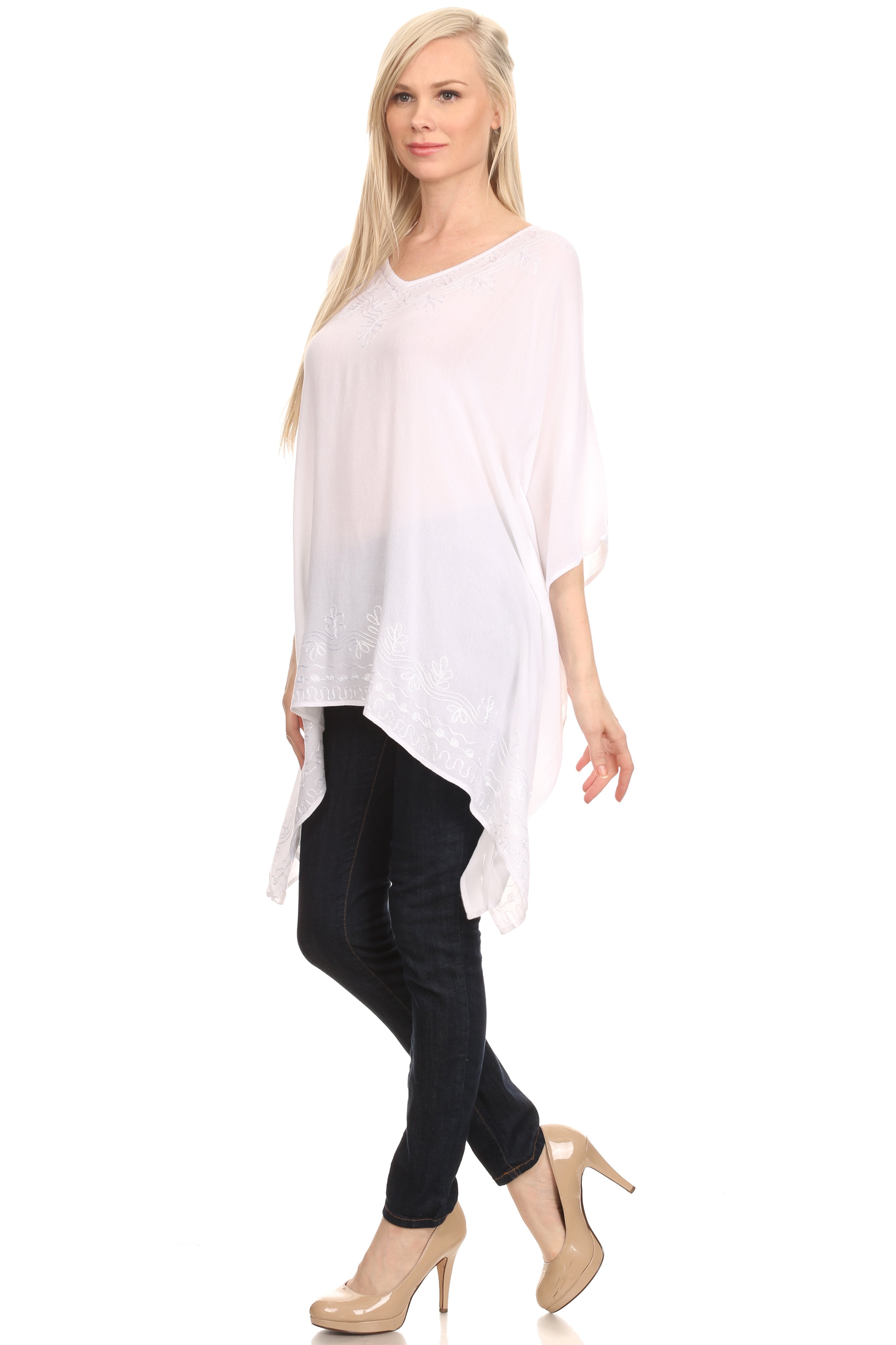 Sakkas - Wren Lightweight Circle Poncho Top Blouse With Detailed Embroidery