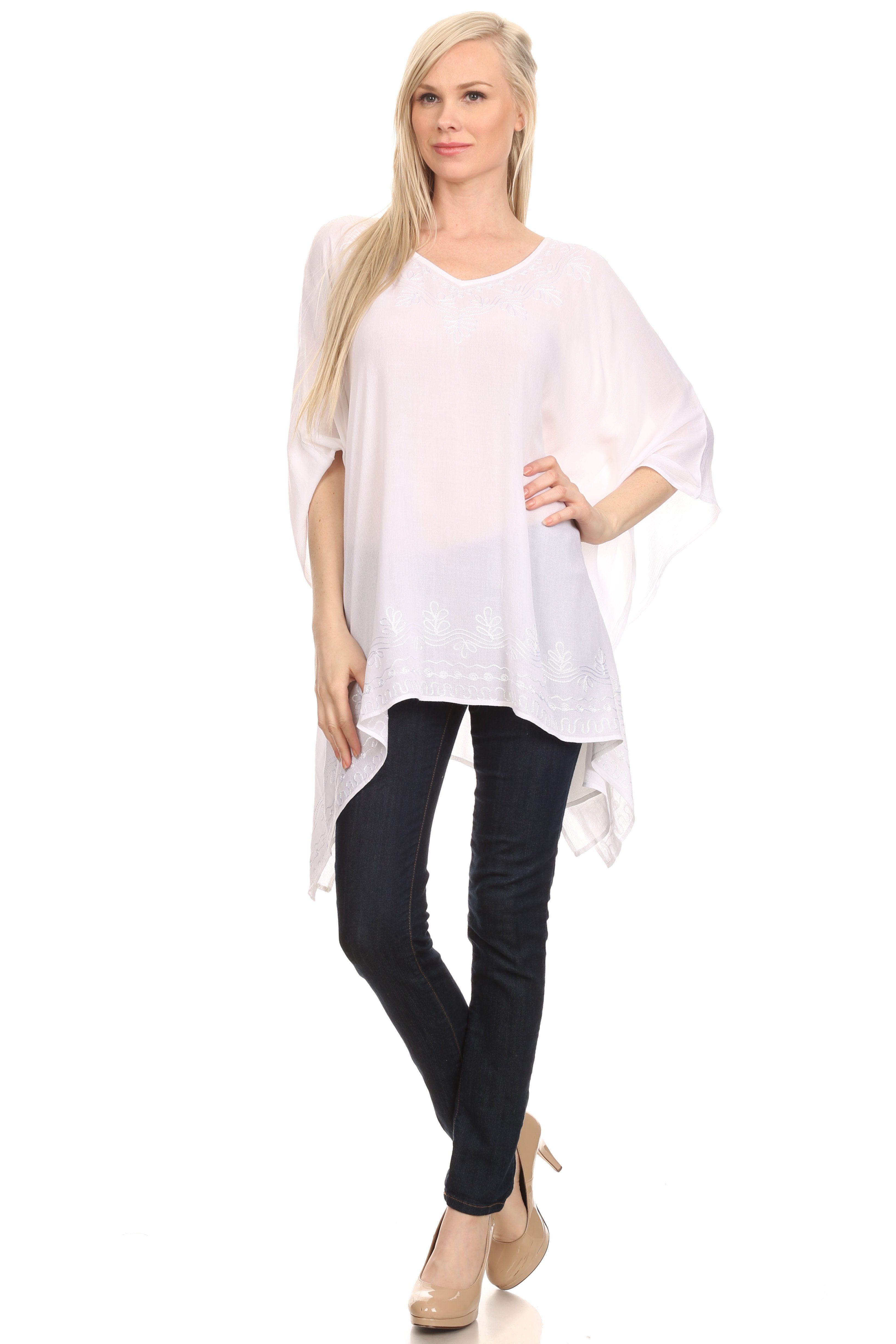 Sakkas - Wren Lightweight Circle Poncho Top Blouse With Detailed Embroidery