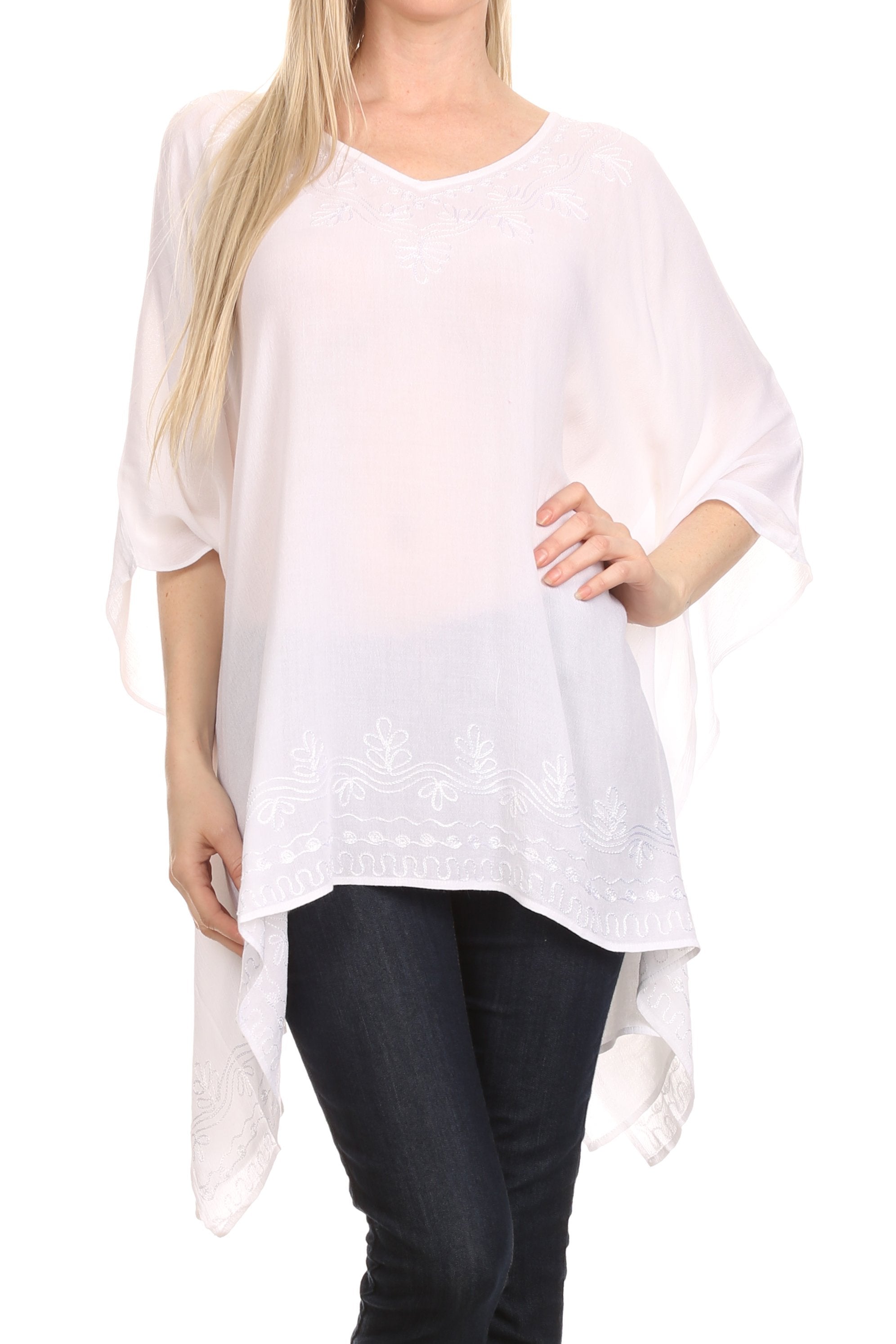 Sakkas - Wren Lightweight Circle Poncho Top Blouse With Detailed Embroidery