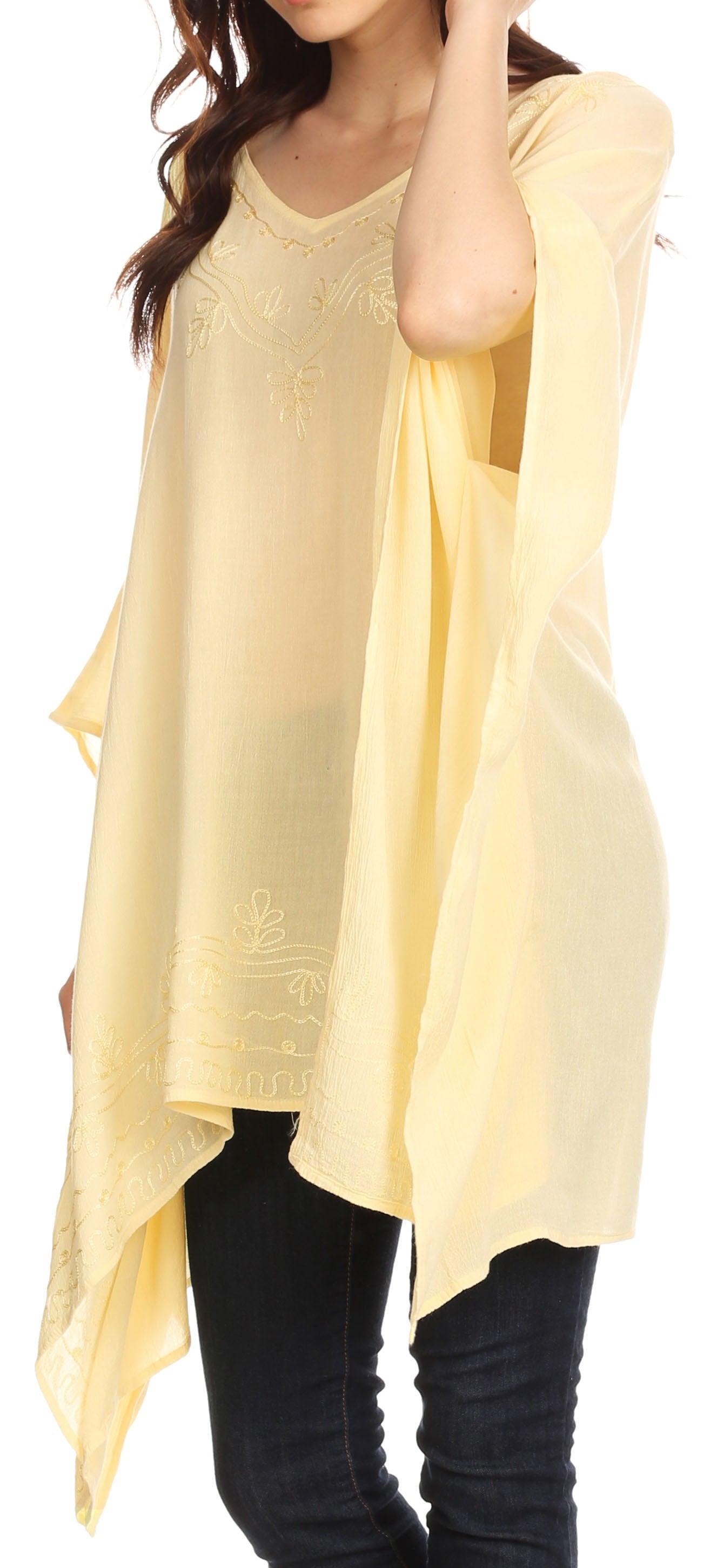 Sakkas - Wren Lightweight Circle Poncho Top Blouse With Detailed Embroidery