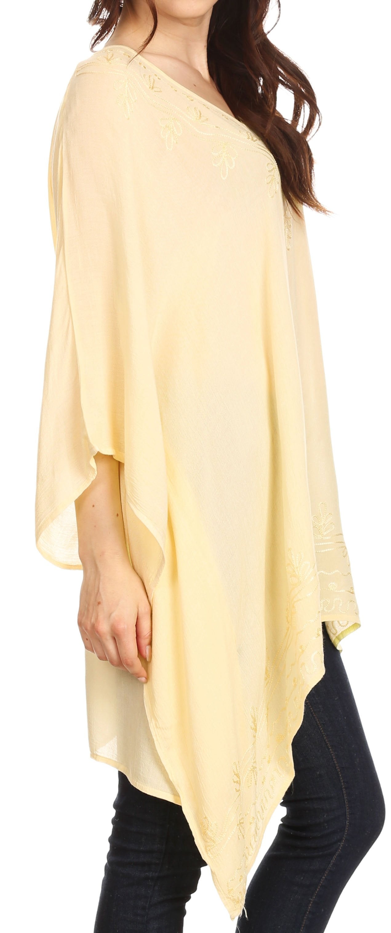 Sakkas - Wren Lightweight Circle Poncho Top Blouse With Detailed Embroidery