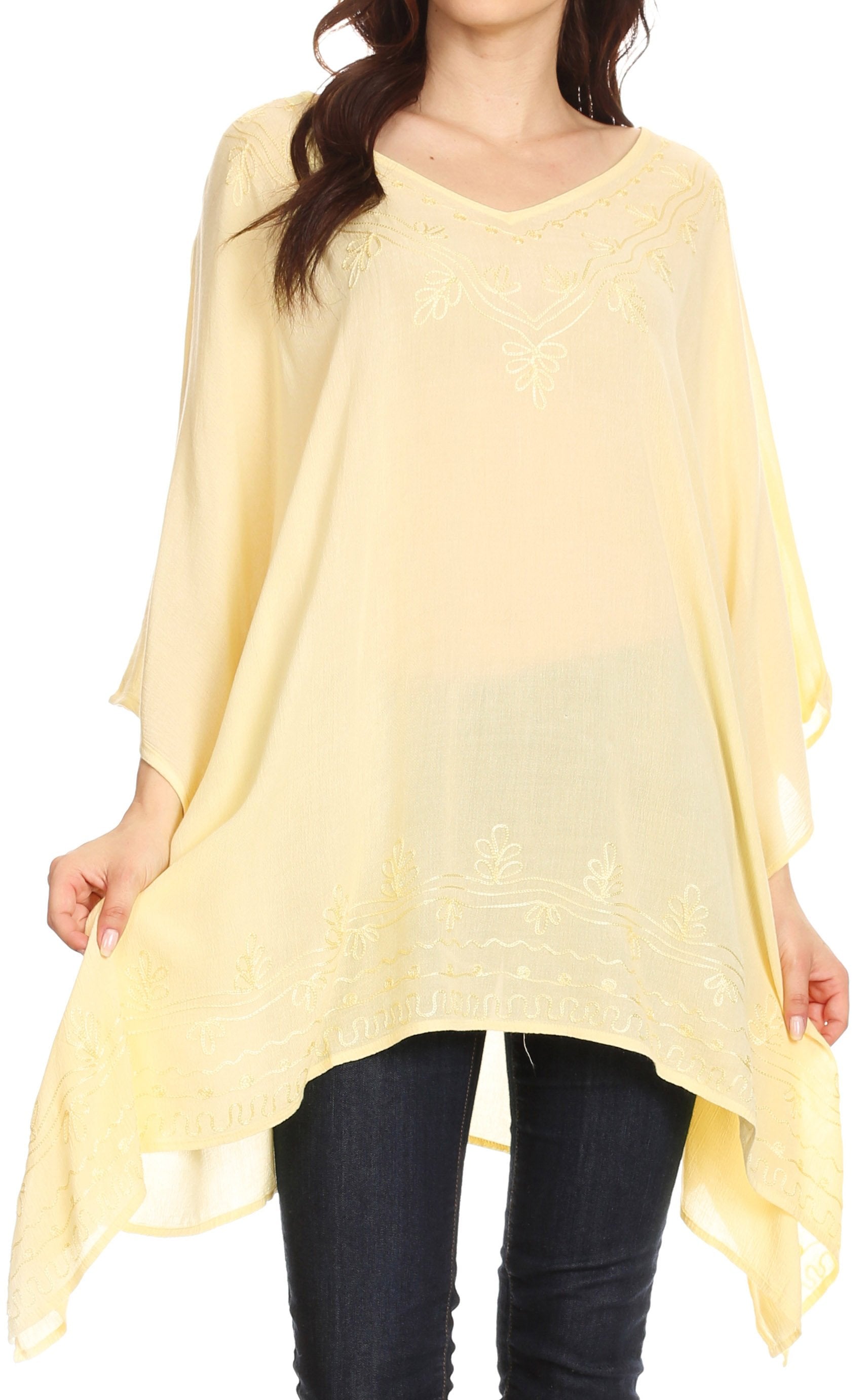 Sakkas - Wren Lightweight Circle Poncho Top Blouse With Detailed Embroidery