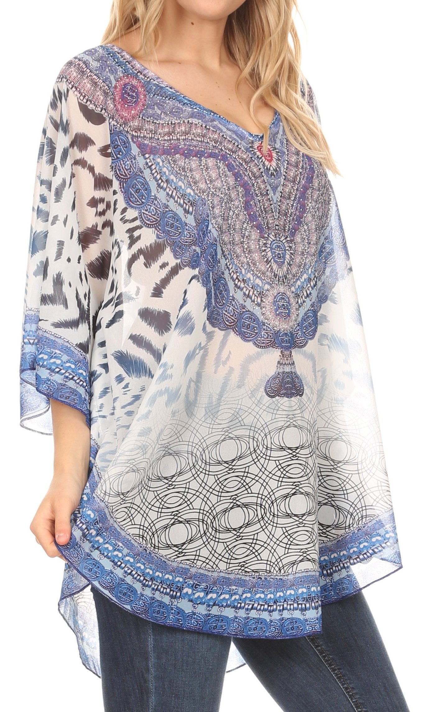 Sakkas - MKY Brigitte Boho Short Sleeve Circle Blouse Top V-neck