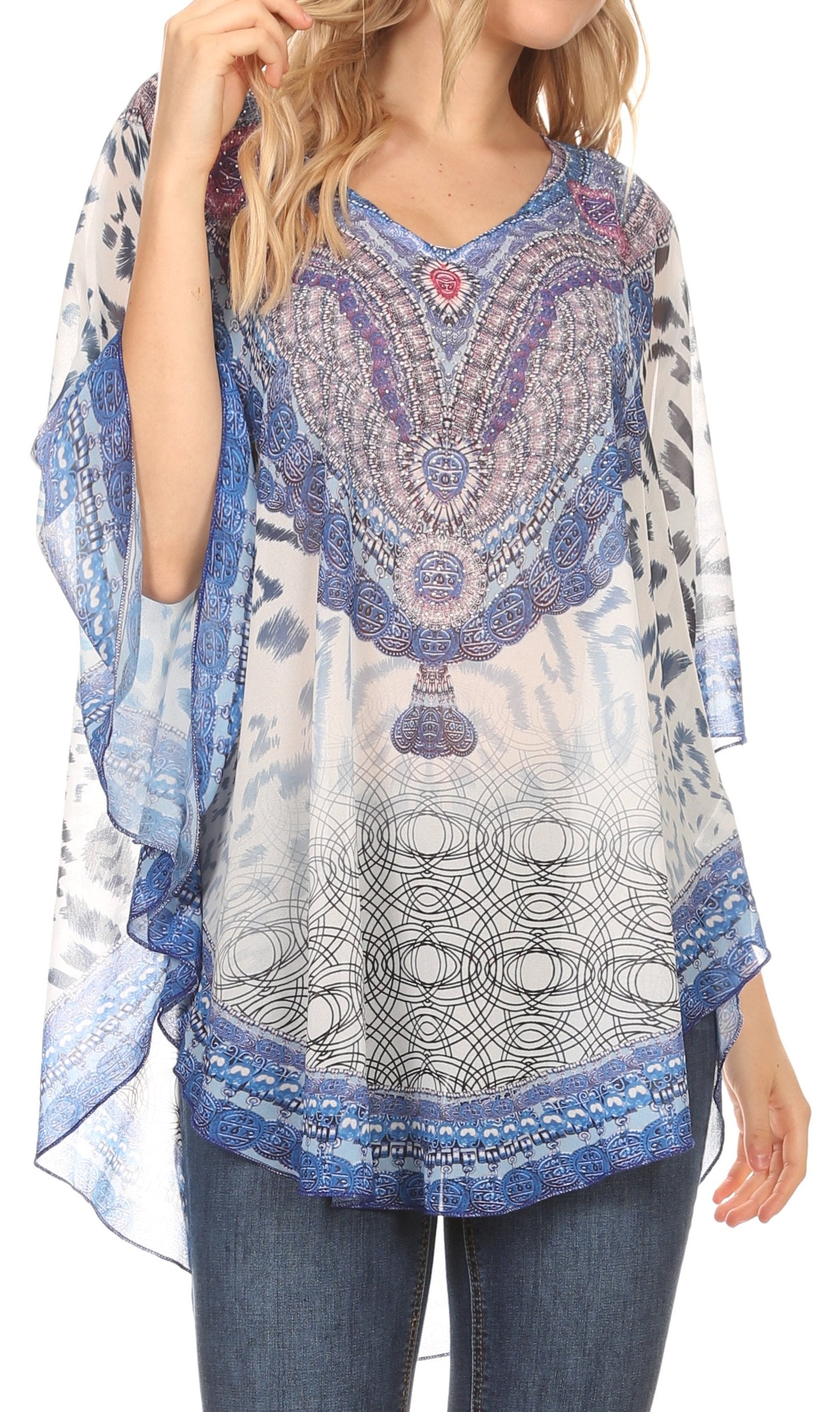 Sakkas - MKY Brigitte Boho Short Sleeve Circle Blouse Top V-neck