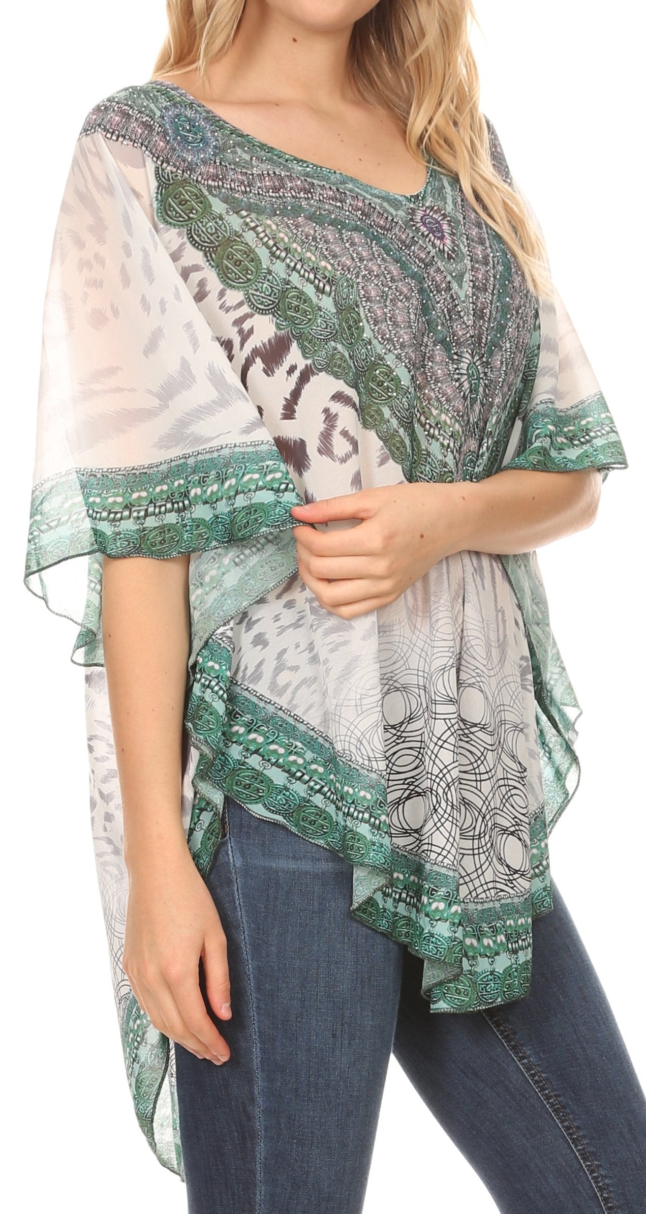 Sakkas - MKY Brigitte Boho Short Sleeve Circle Blouse Top V-neck