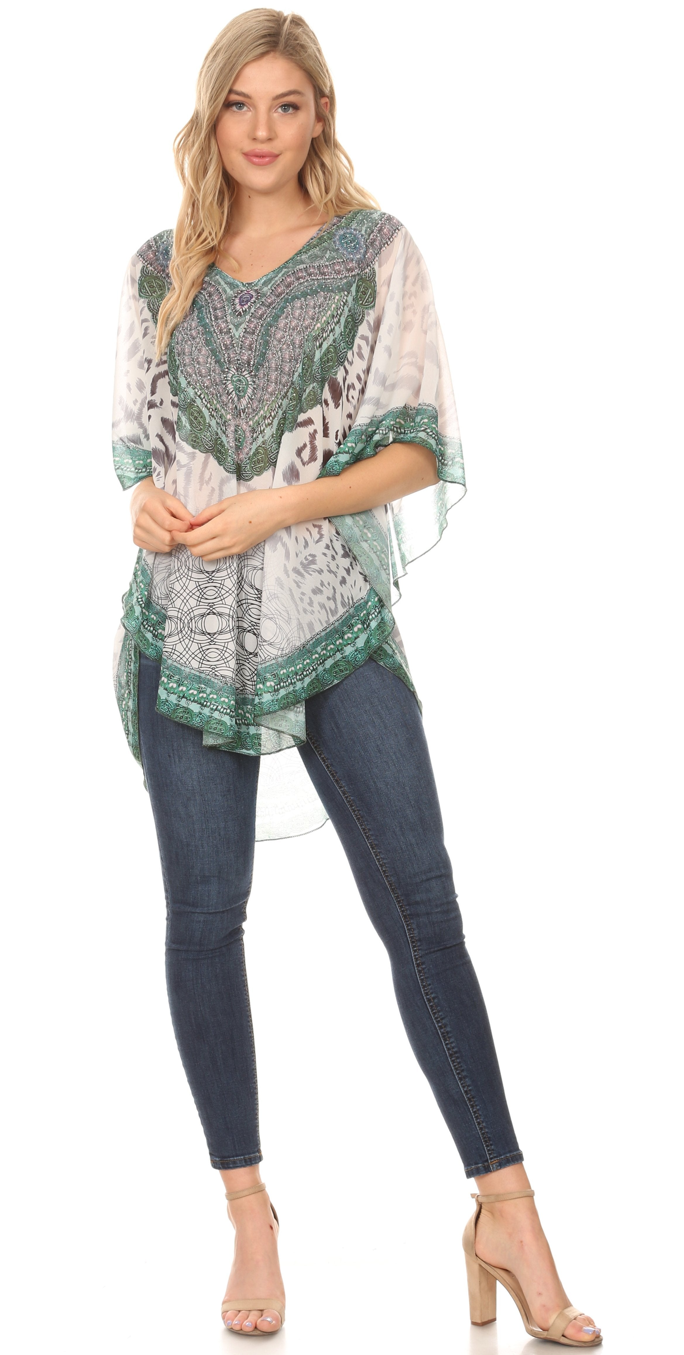 Sakkas - MKY Brigitte Boho Short Sleeve Circle Blouse Top V-neck