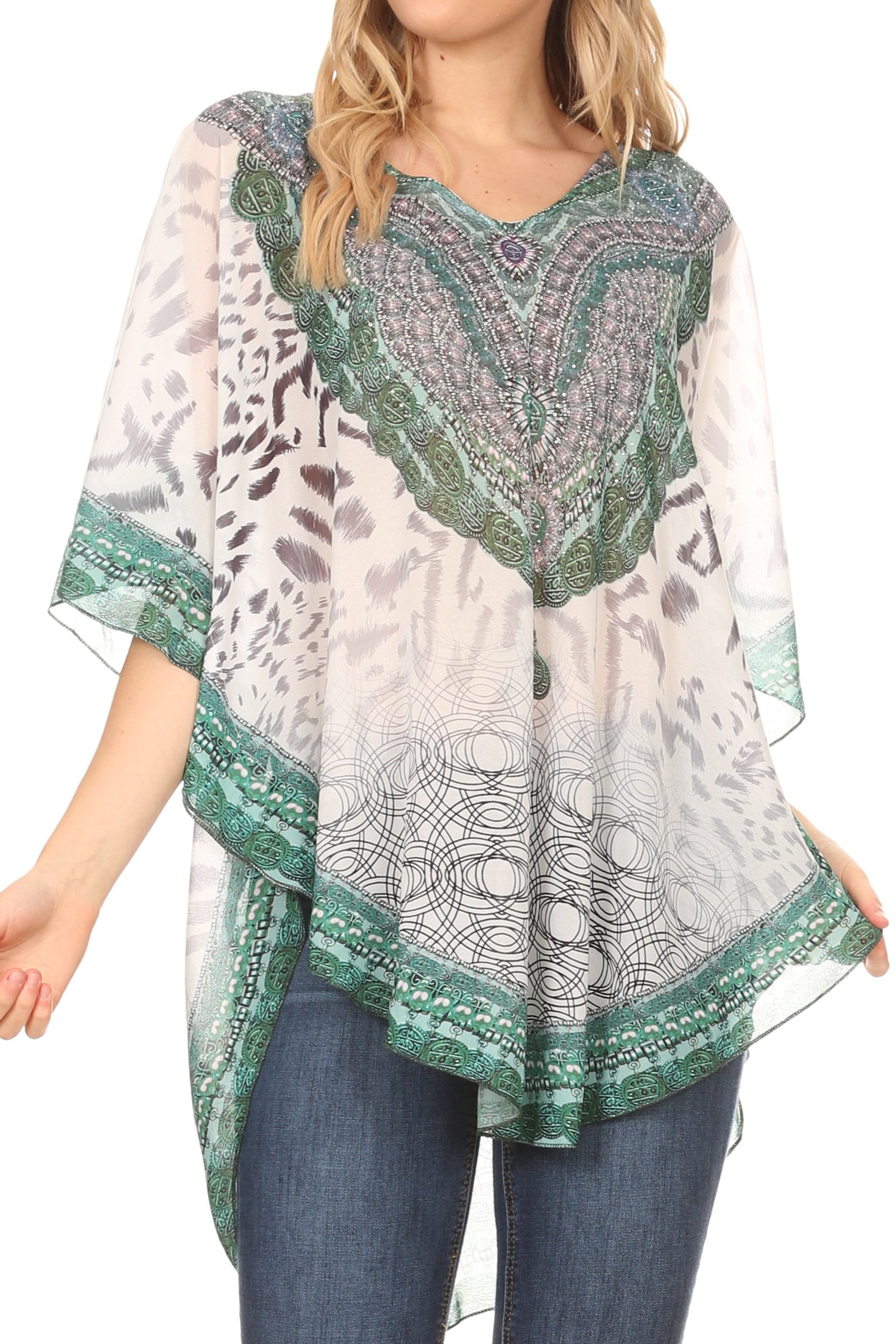 Sakkas - MKY Brigitte Boho Short Sleeve Circle Blouse Top V-neck