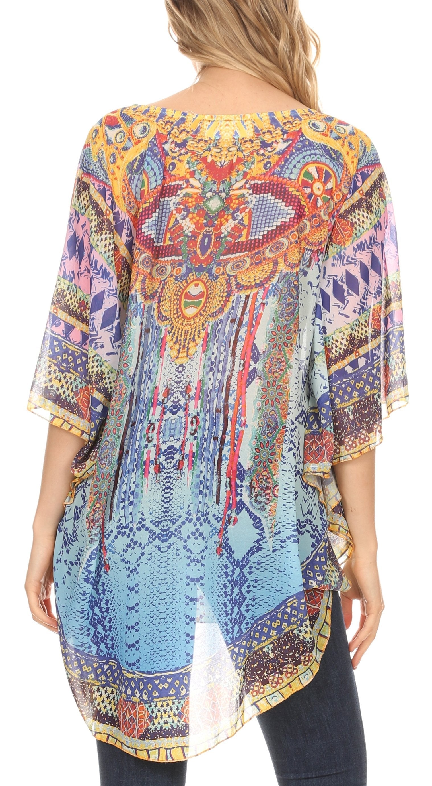 Sakkas - MKY Brigitte Boho Short Sleeve Circle Blouse Top V-neck