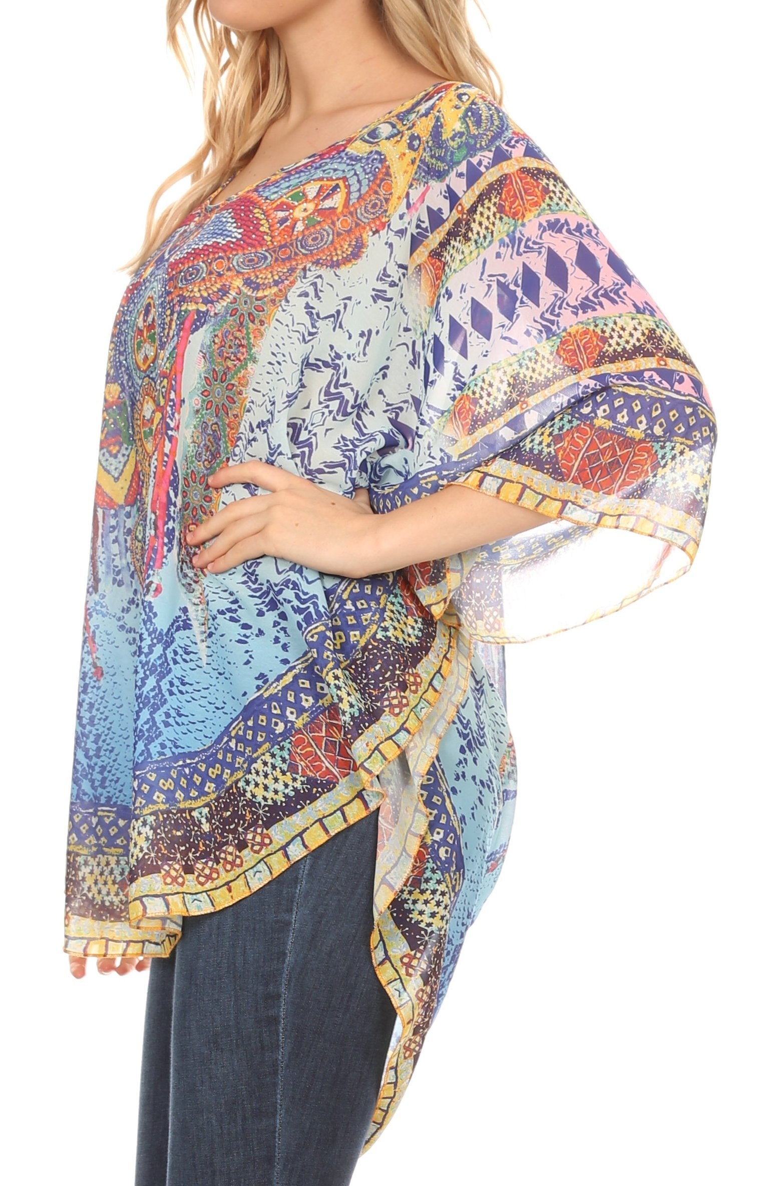 Sakkas - MKY Brigitte Boho Short Sleeve Circle Blouse Top V-neck