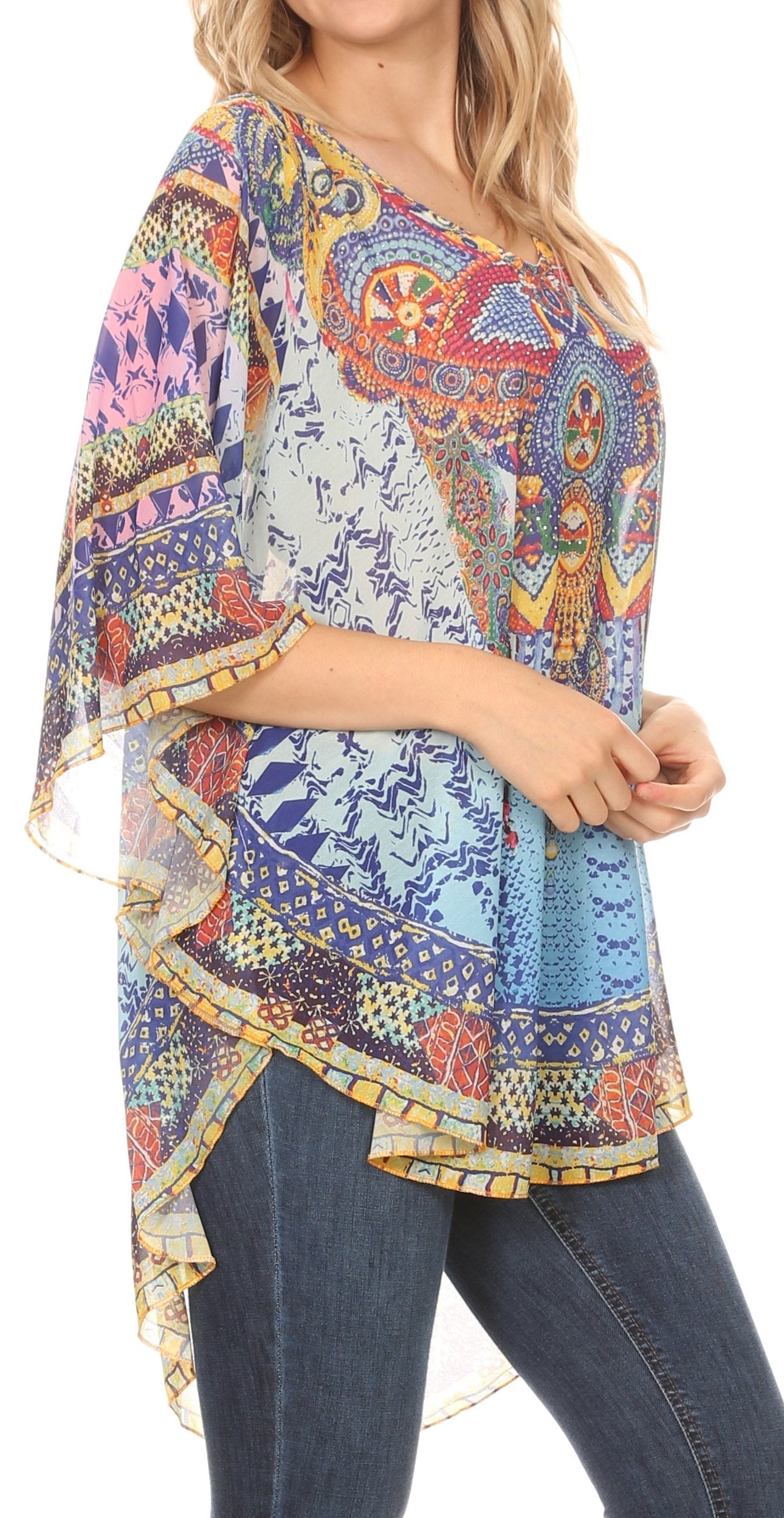 Sakkas - MKY Brigitte Boho Short Sleeve Circle Blouse Top V-neck