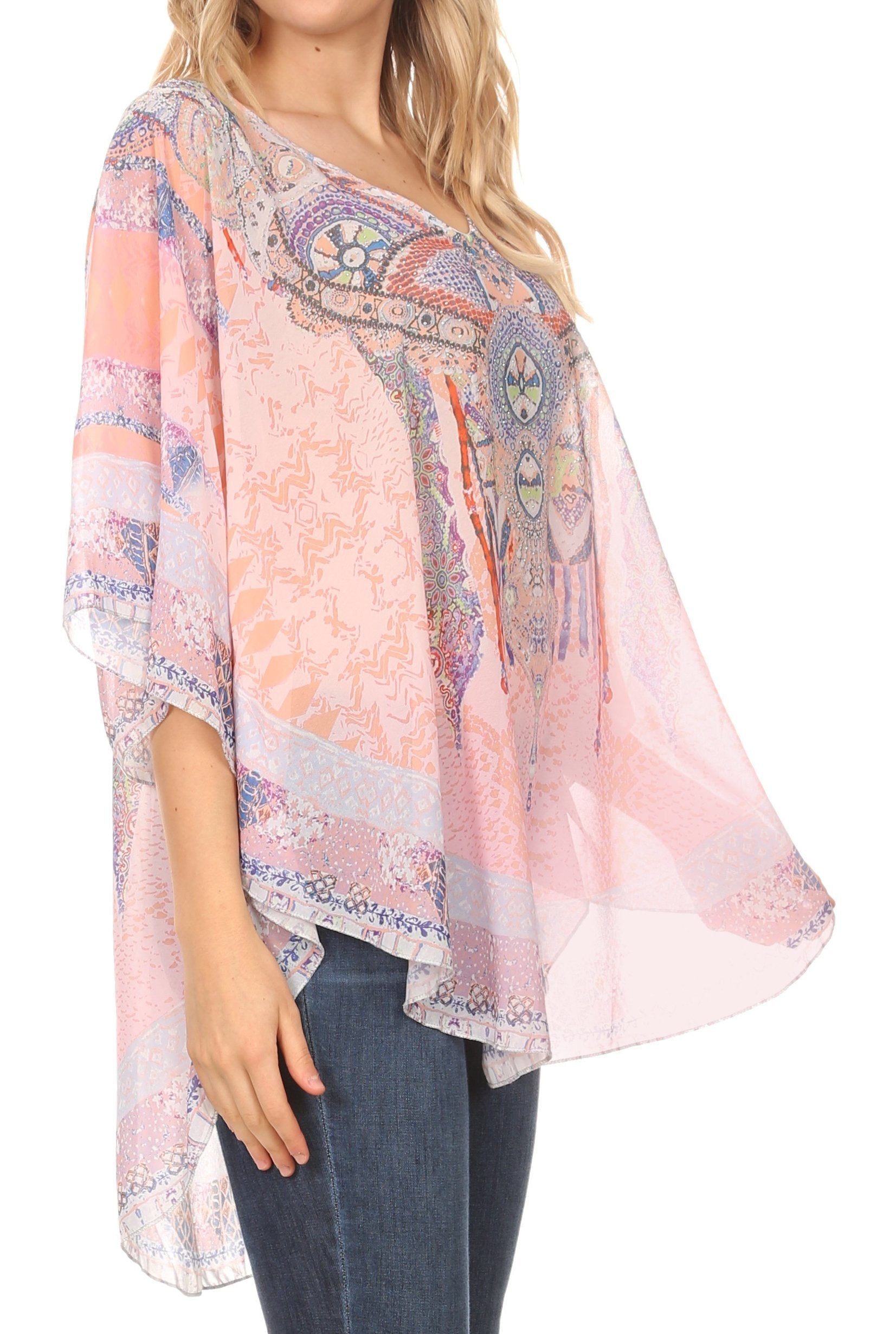 Sakkas - MKY Brigitte Boho Short Sleeve Circle Blouse Top V-neck
