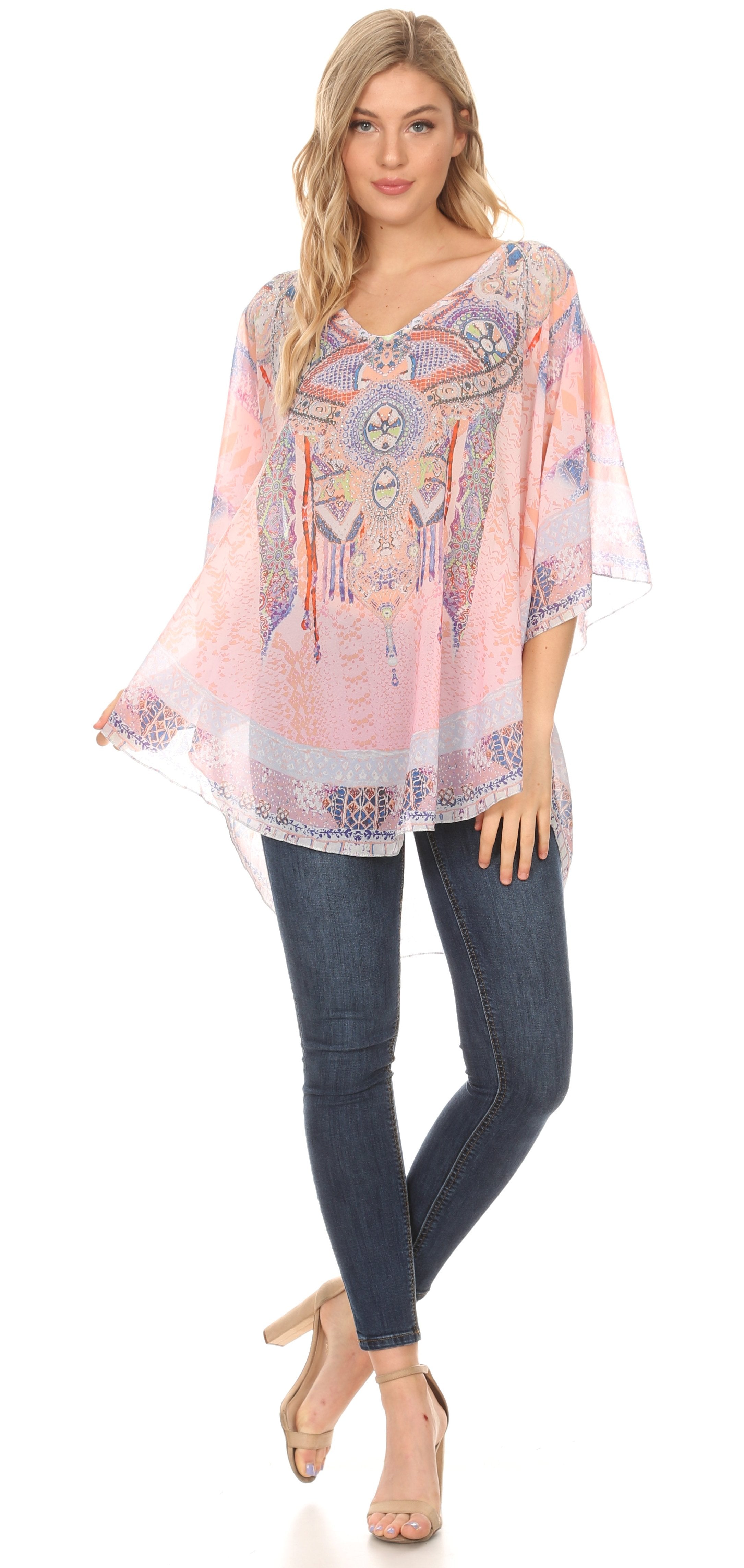 Sakkas - MKY Brigitte Boho Short Sleeve Circle Blouse Top V-neck