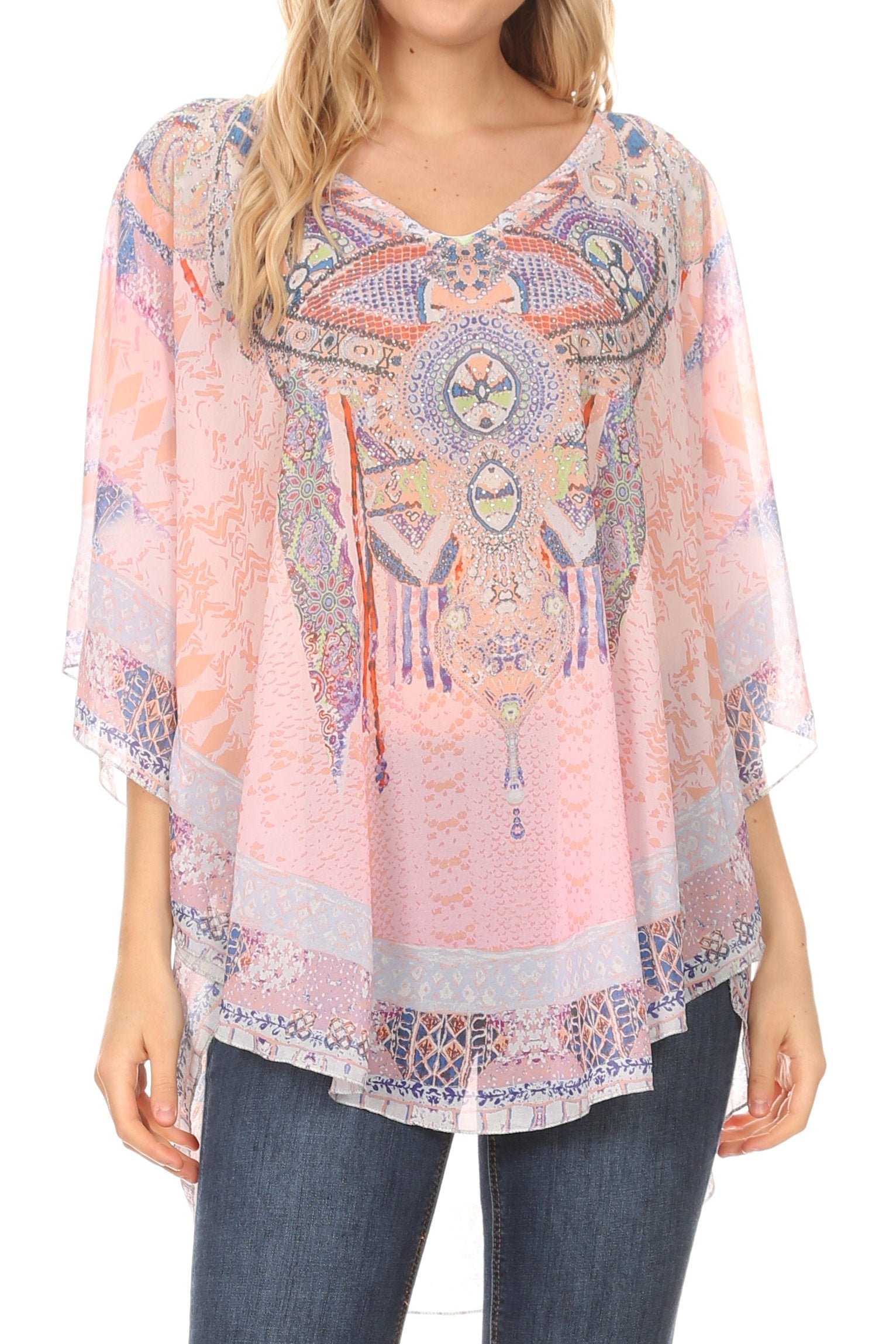 Sakkas - MKY Brigitte Boho Short Sleeve Circle Blouse Top V-neck