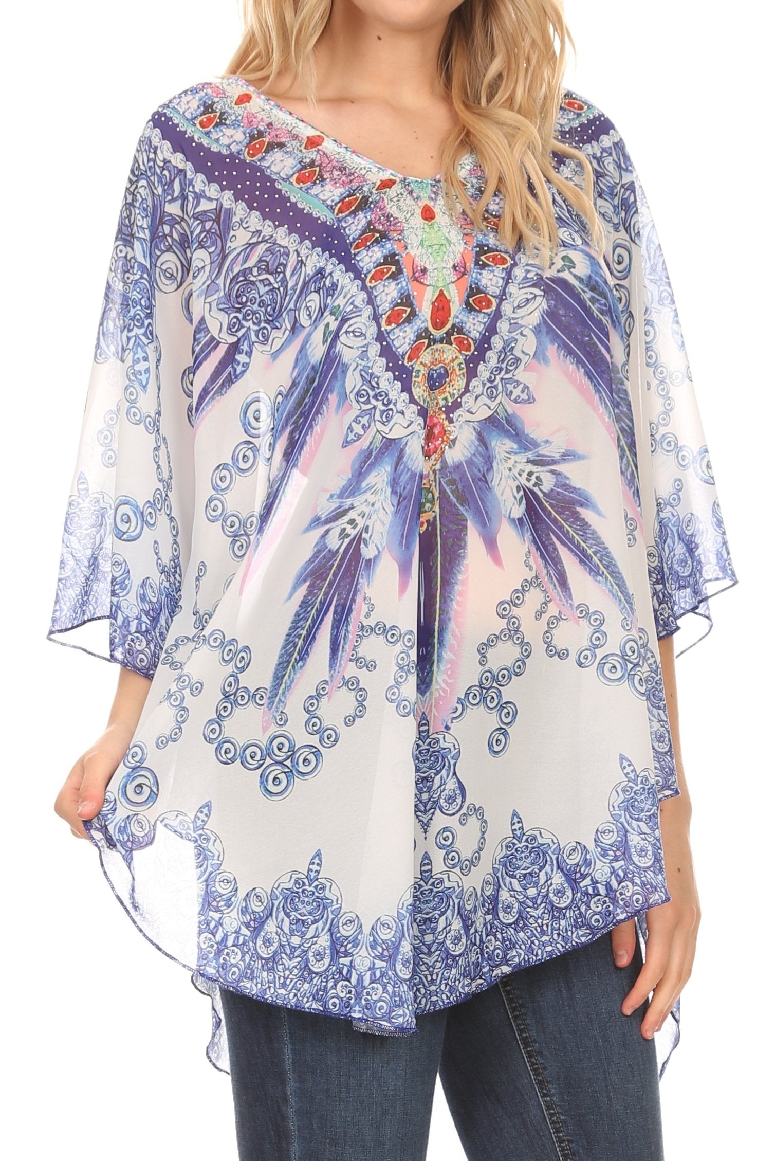 Sakkas - MKY Brigitte Boho Short Sleeve Circle Blouse Top V-neck