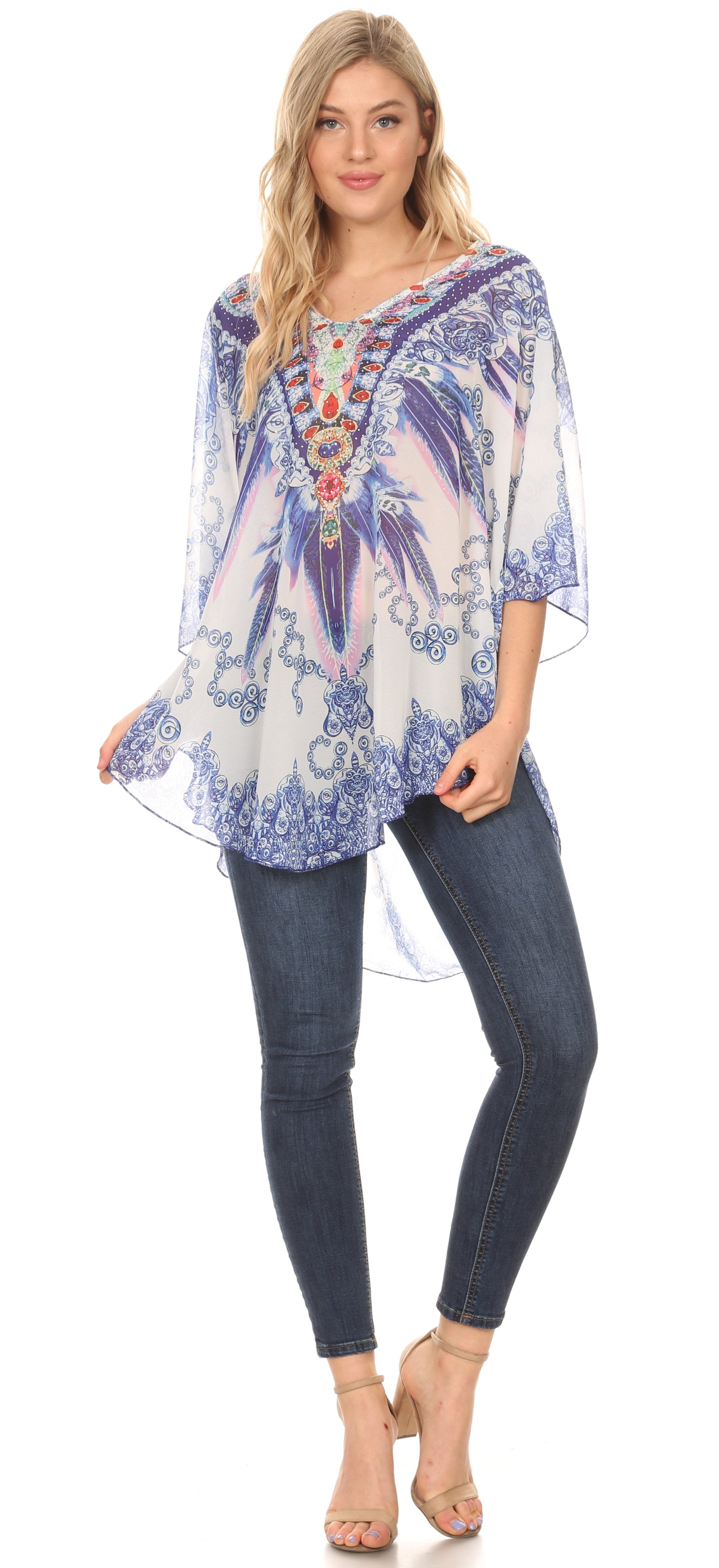 Sakkas - MKY Brigitte Boho Short Sleeve Circle Blouse Top V-neck