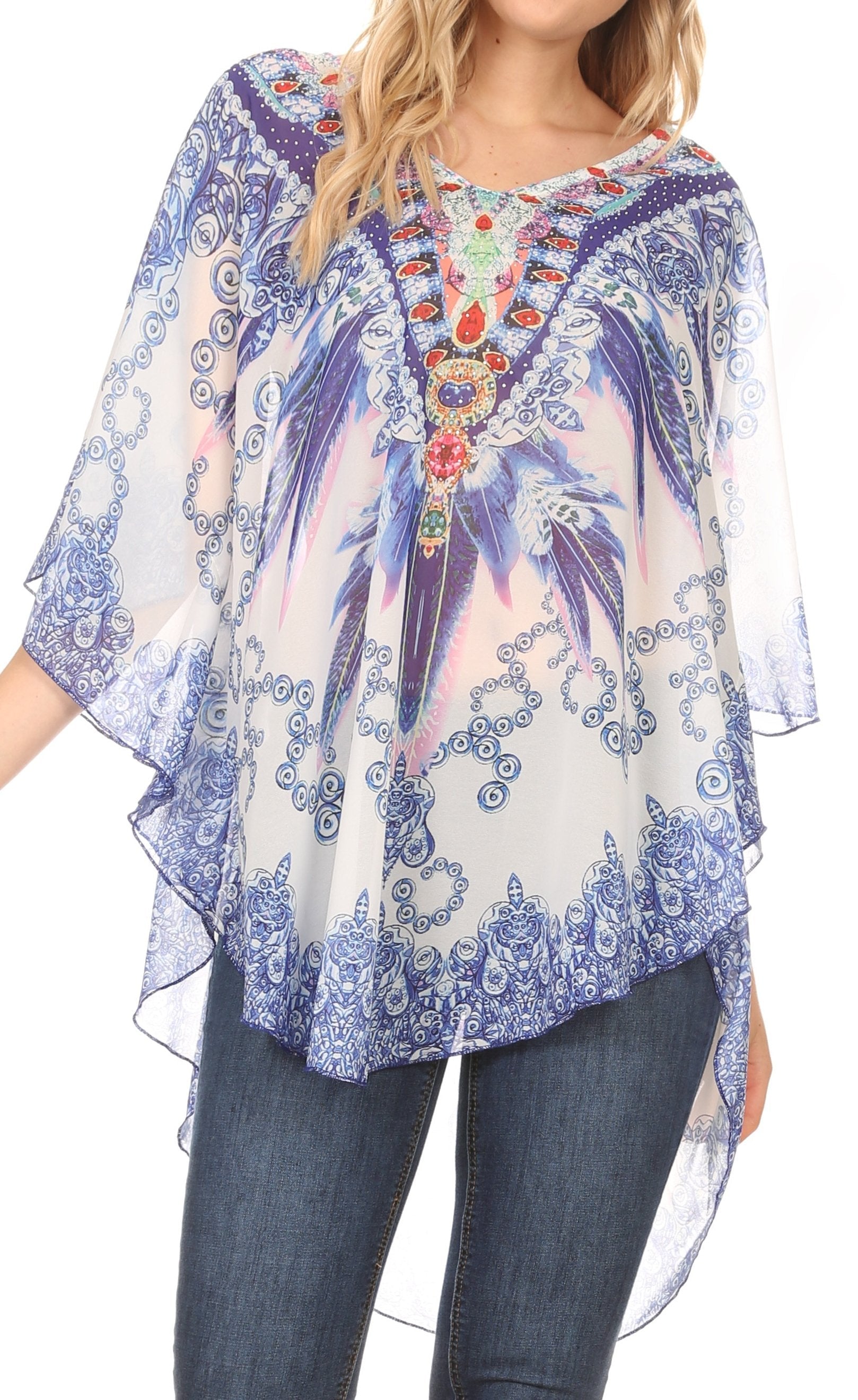 Sakkas - MKY Brigitte Boho Short Sleeve Circle Blouse Top V-neck