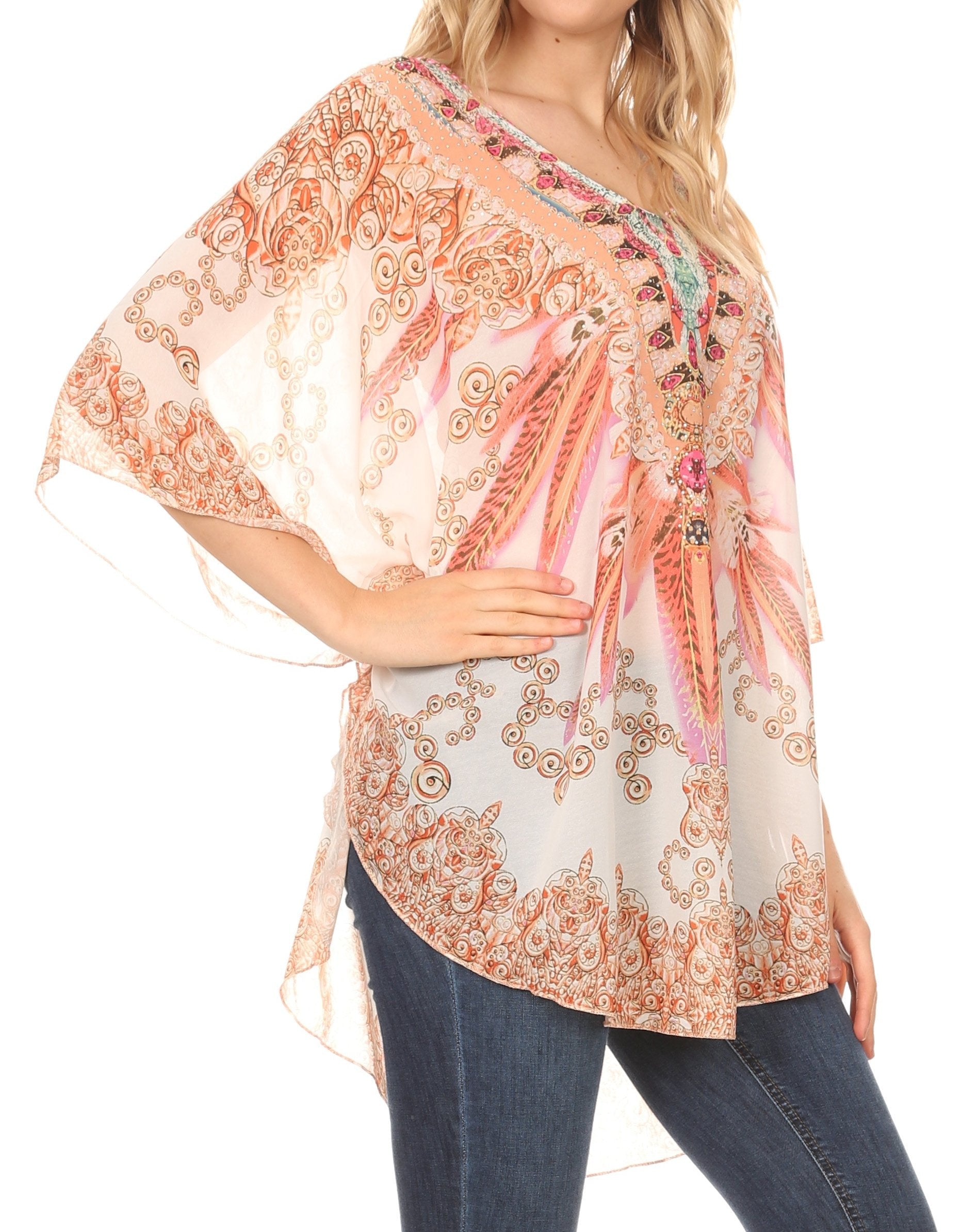 Sakkas - MKY Brigitte Boho Short Sleeve Circle Blouse Top V-neck