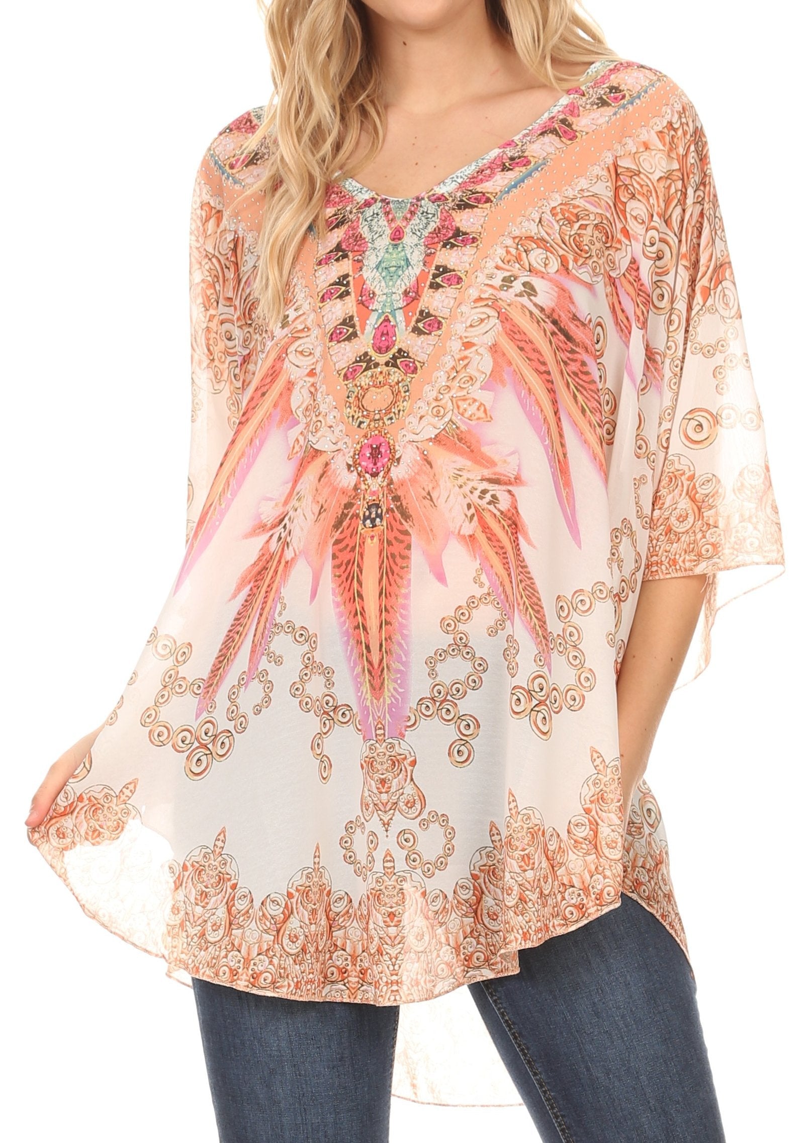 Sakkas - MKY Brigitte Boho Short Sleeve Circle Blouse Top V-neck