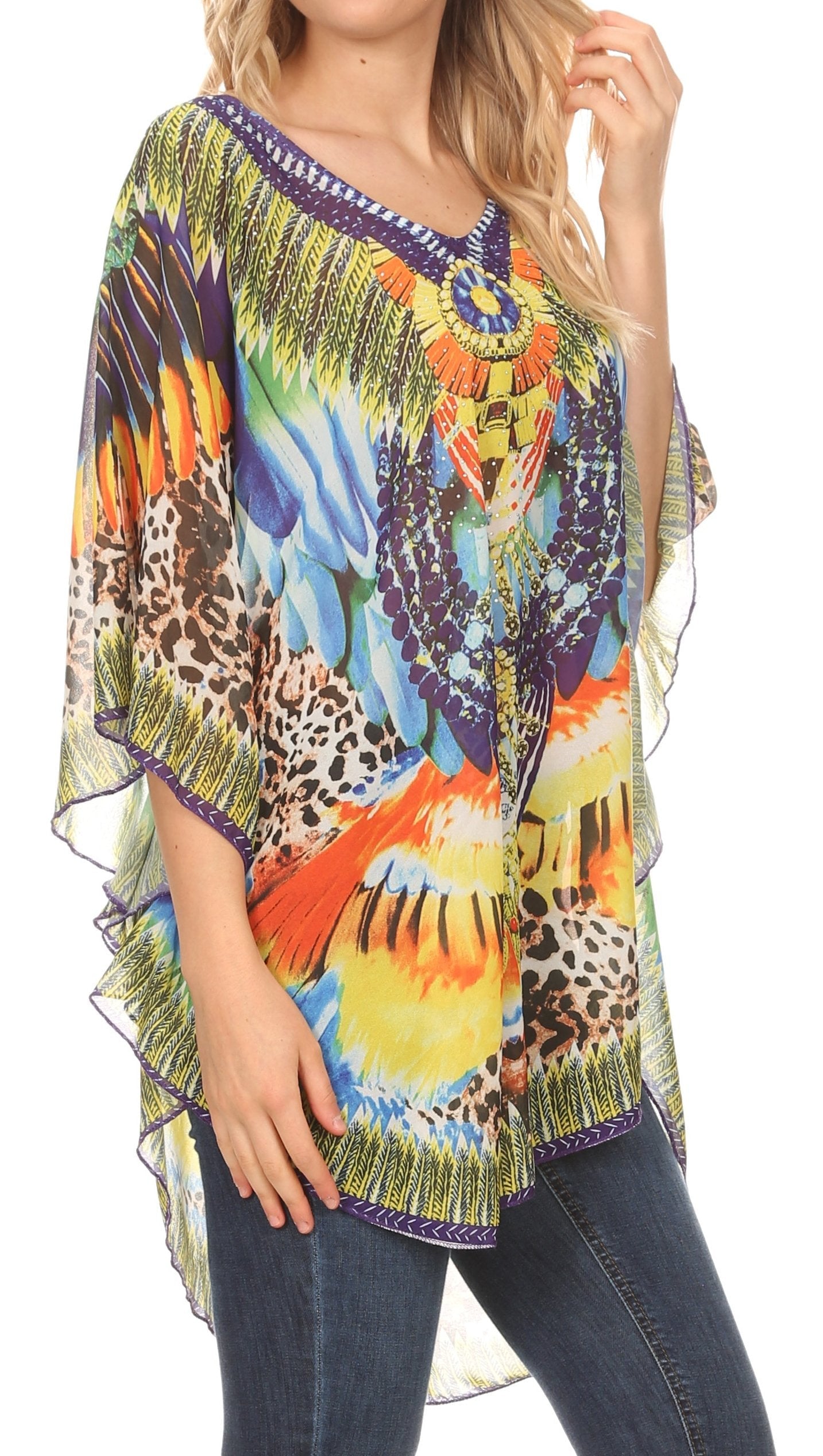 Sakkas - MKY Brigitte Boho Short Sleeve Circle Blouse Top V-neck
