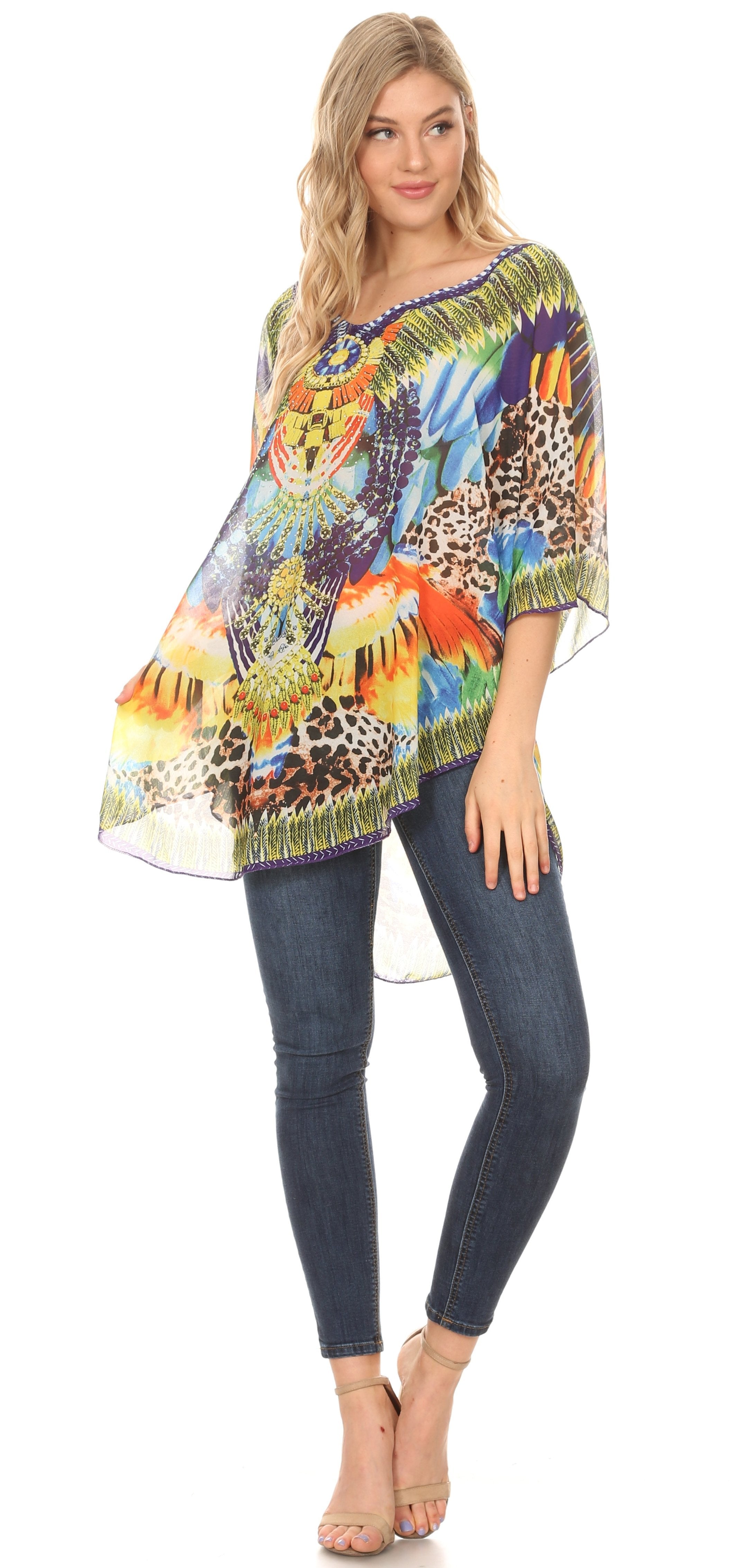 Sakkas - MKY Brigitte Boho Short Sleeve Circle Blouse Top V-neck