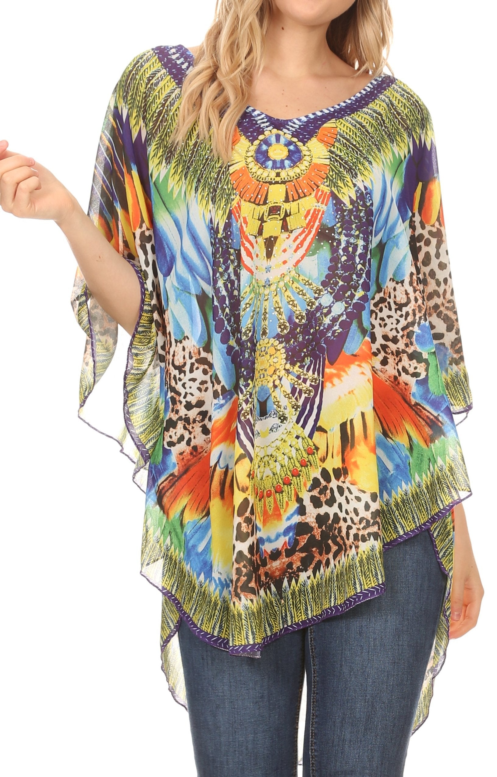Sakkas - MKY Brigitte Boho Short Sleeve Circle Blouse Top V-neck