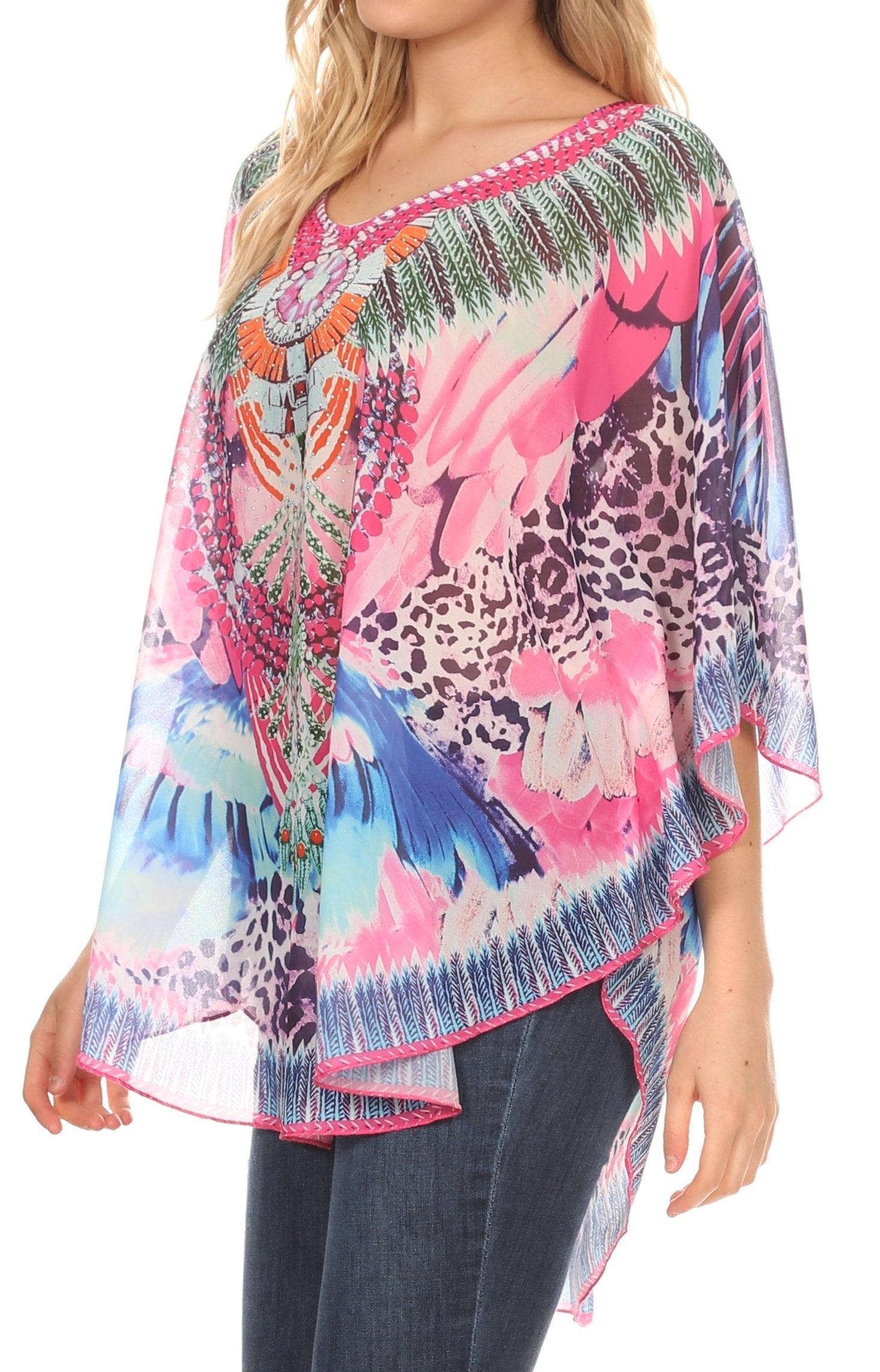 Sakkas - MKY Brigitte Boho Short Sleeve Circle Blouse Top V-neck