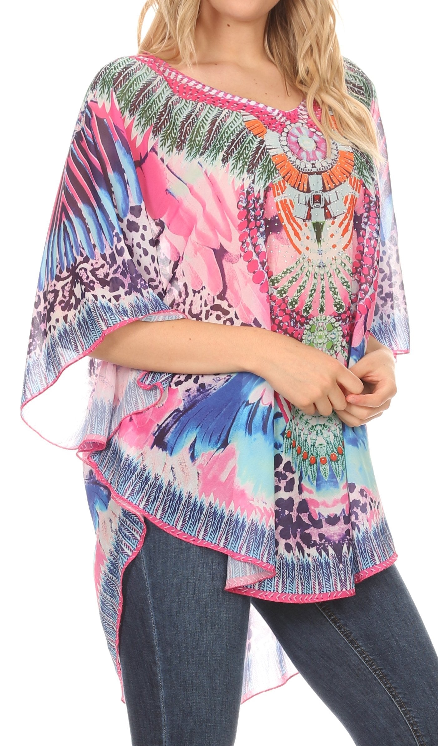 Sakkas - MKY Brigitte Boho Short Sleeve Circle Blouse Top V-neck