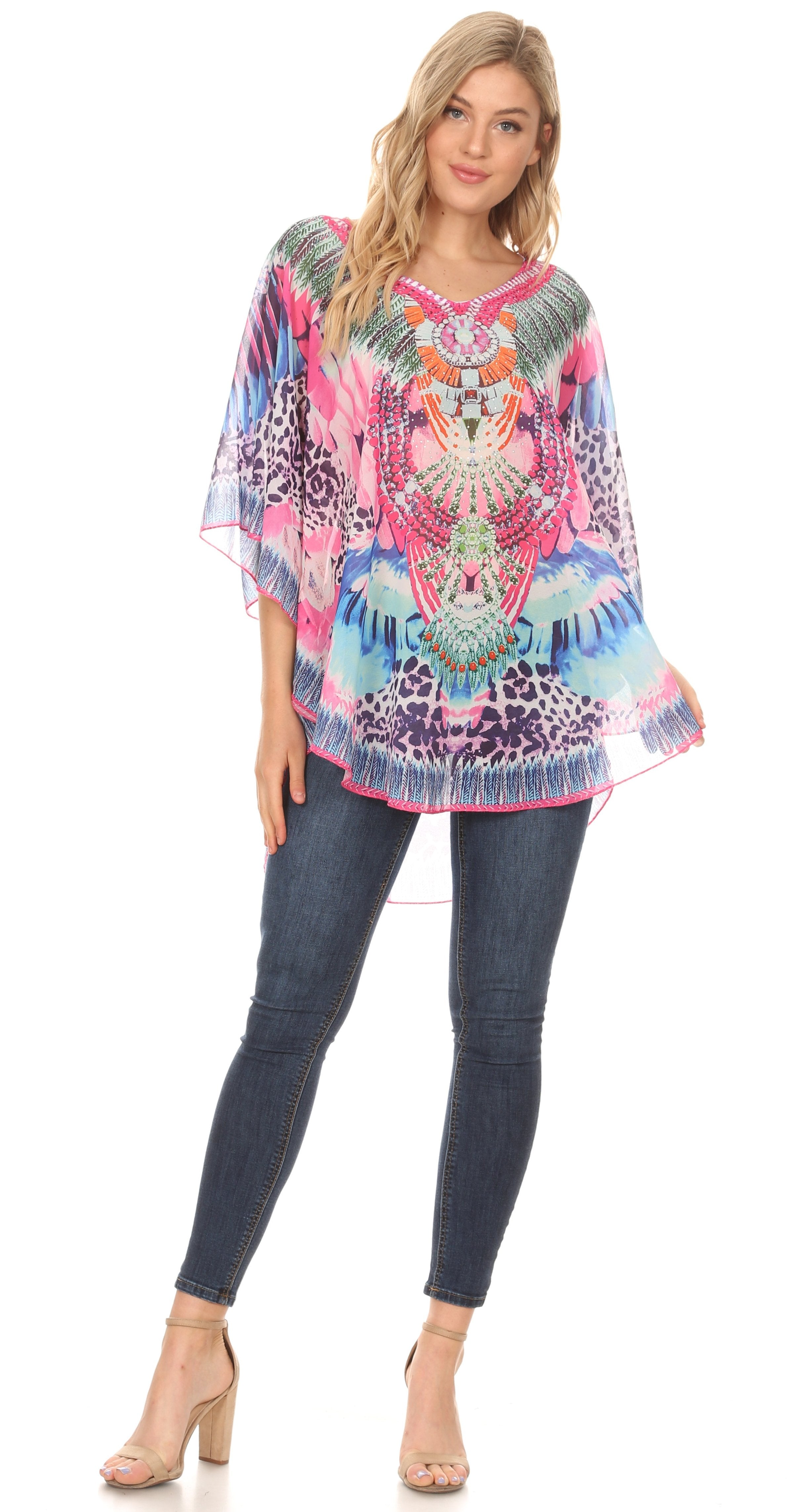 Sakkas - MKY Brigitte Boho Short Sleeve Circle Blouse Top V-neck