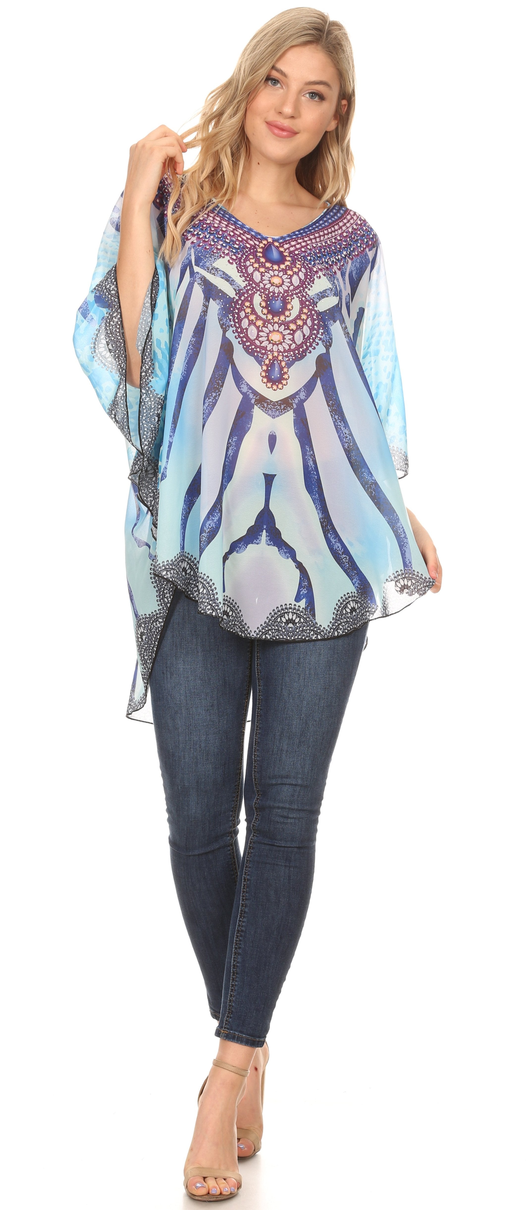 Sakkas - MKY Brigitte Boho Short Sleeve Circle Blouse Top V-neck