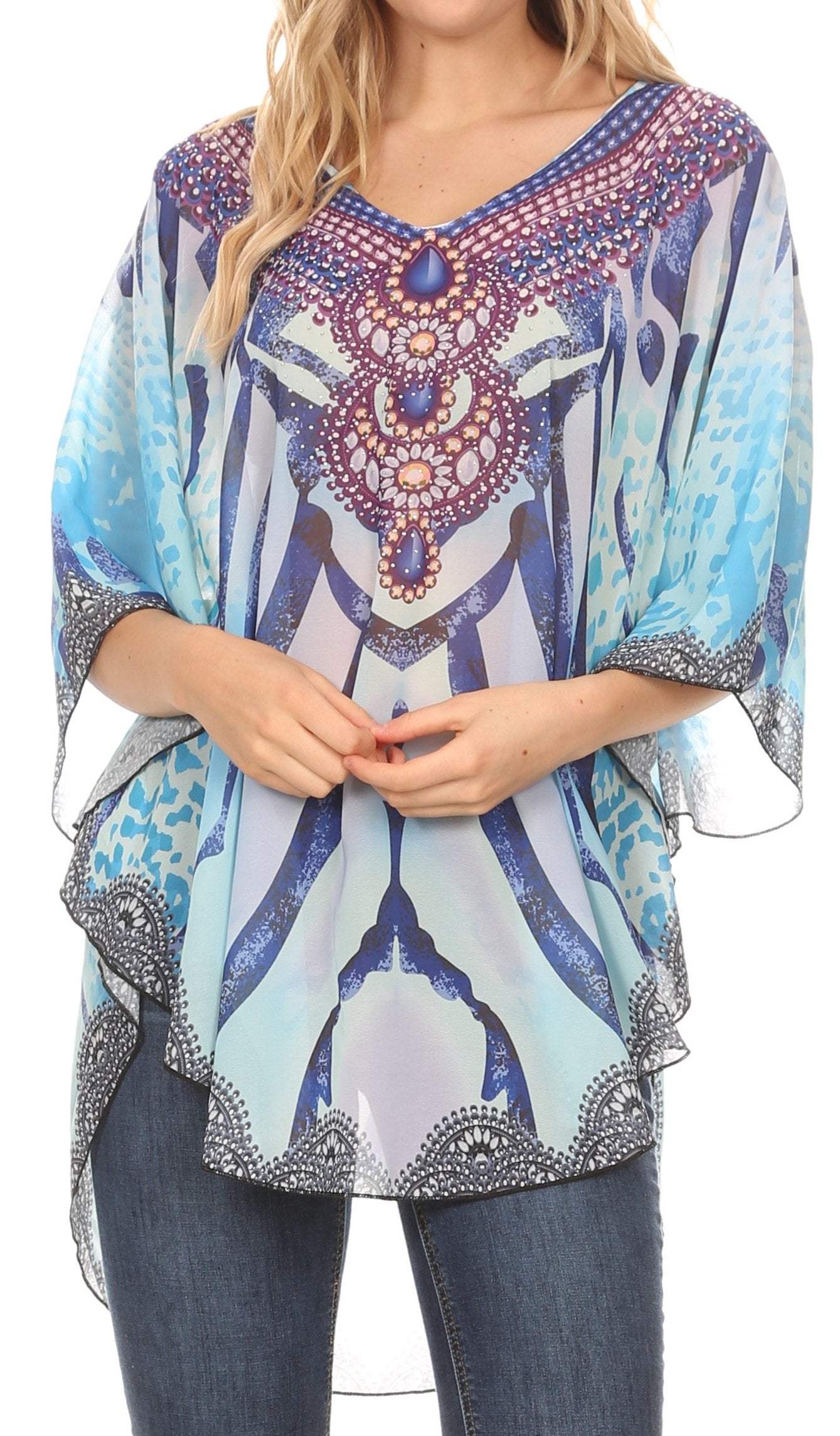 Sakkas - MKY Brigitte Boho Short Sleeve Circle Blouse Top V-neck