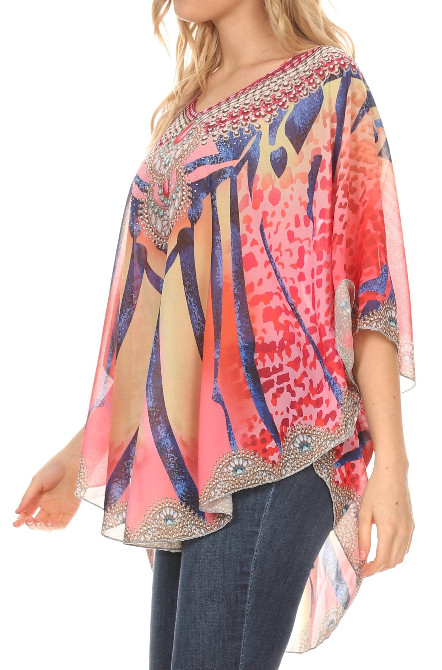 Sakkas - MKY Brigitte Boho Short Sleeve Circle Blouse Top V-neck