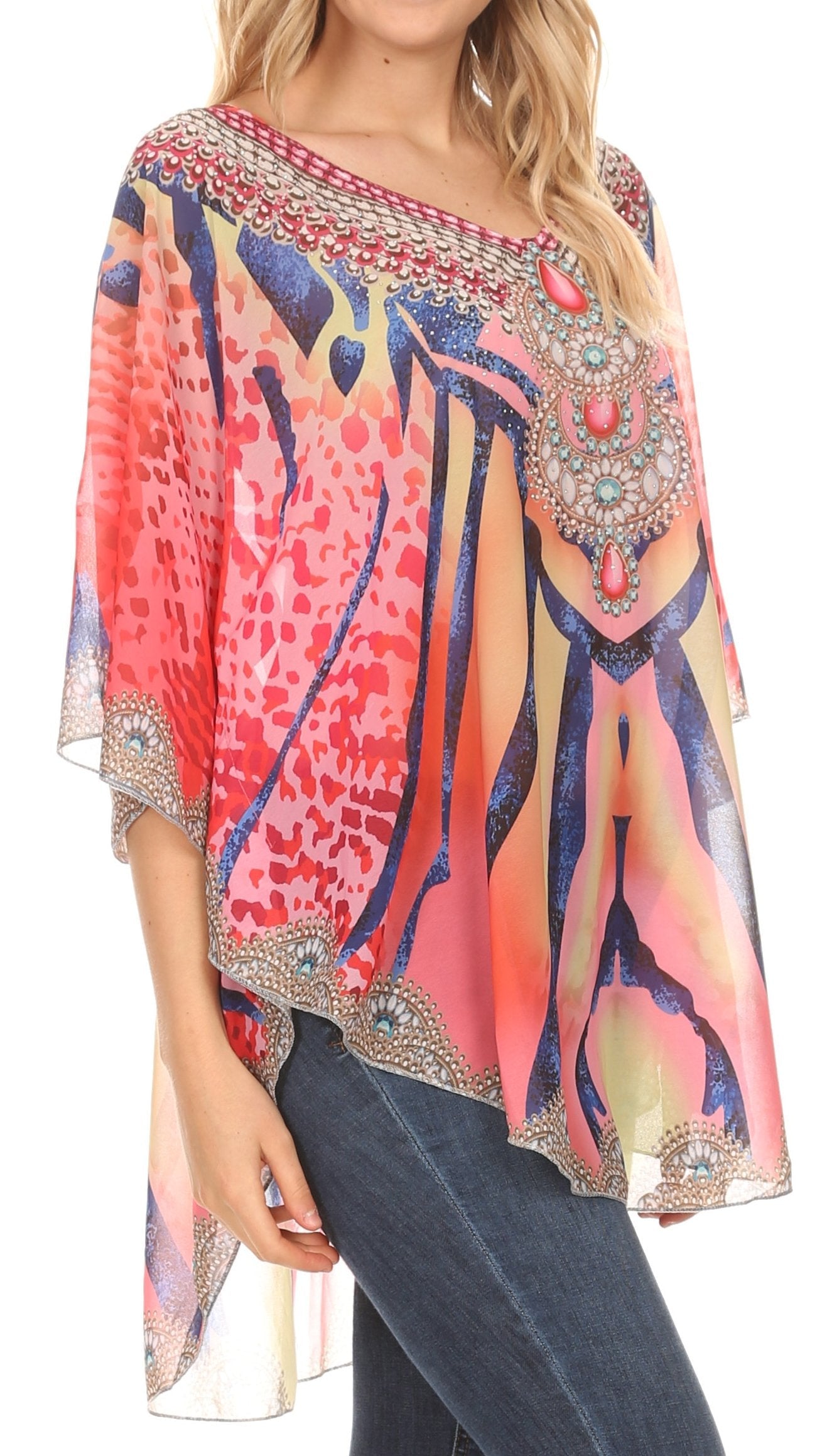Sakkas - MKY Brigitte Boho Short Sleeve Circle Blouse Top V-neck