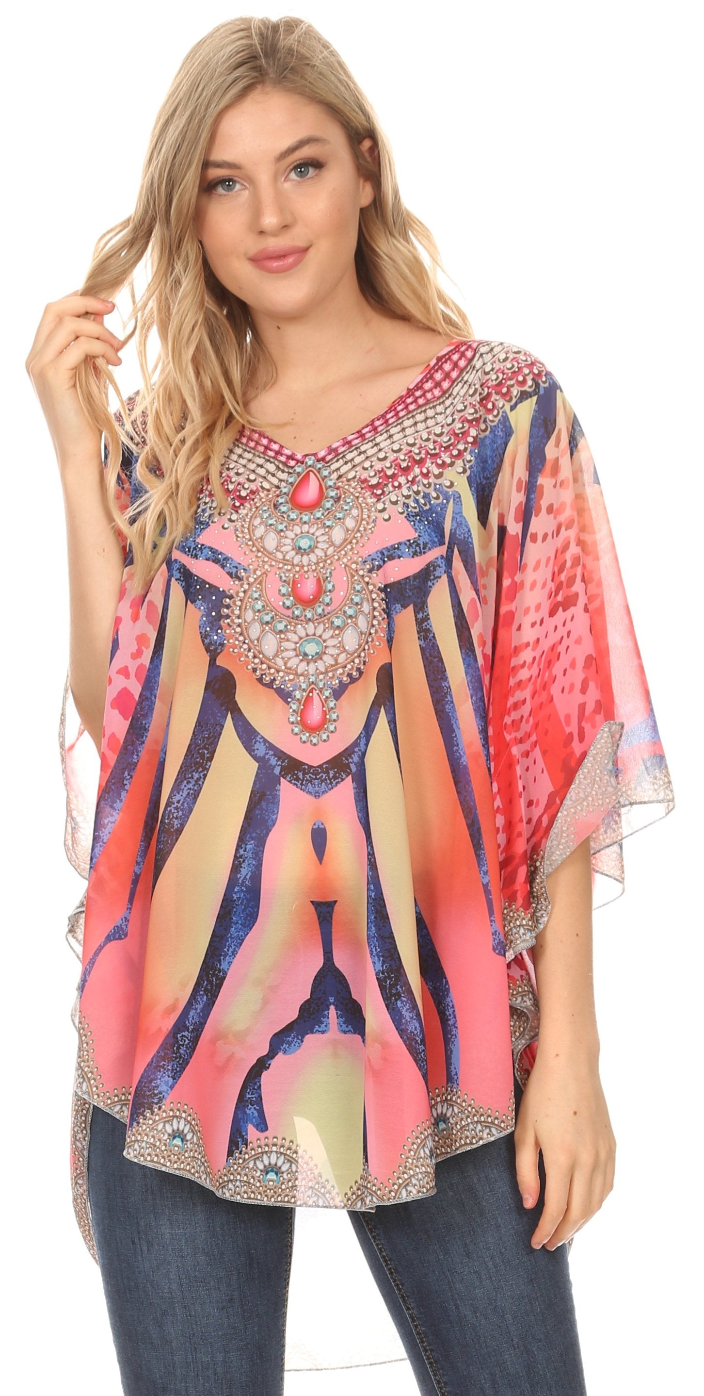 Sakkas - MKY Brigitte Boho Short Sleeve Circle Blouse Top V-neck
