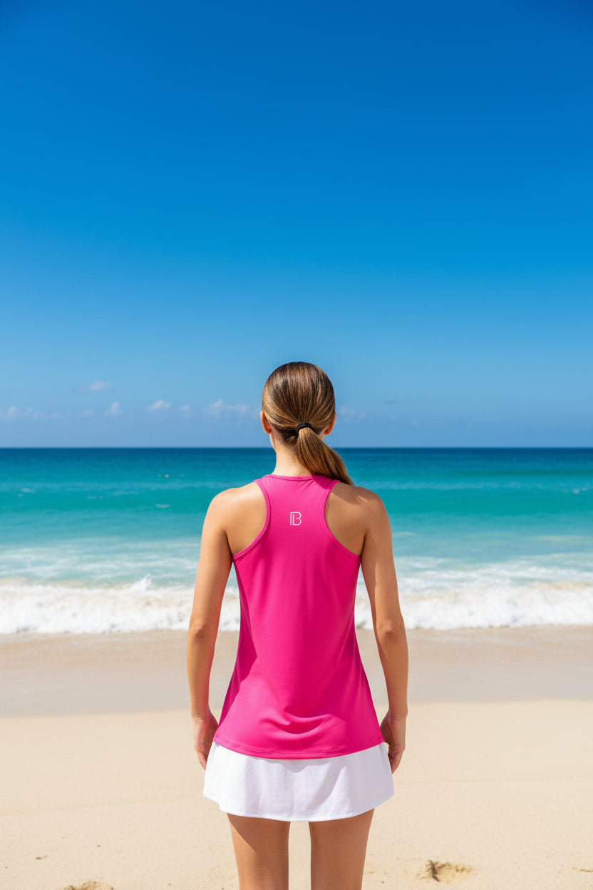 Pink tank top with a logo on the back, worn by a person.