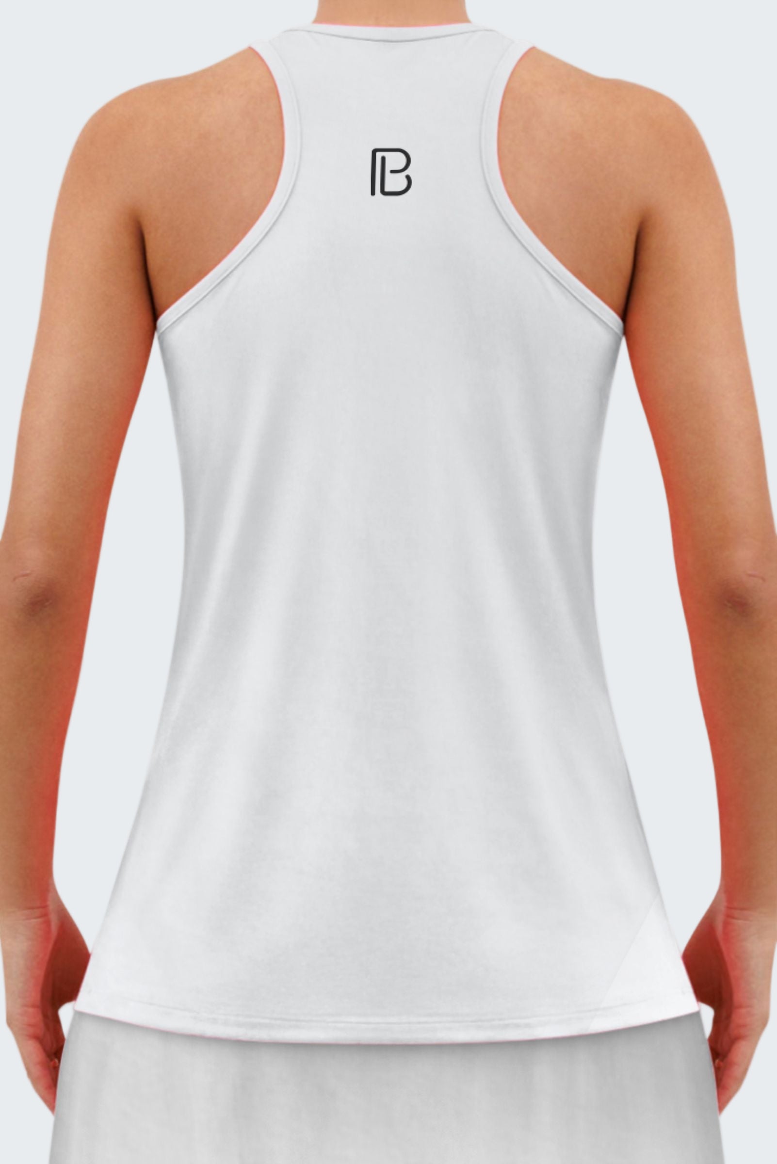 White tank top with a logo on the back, worn by a person.