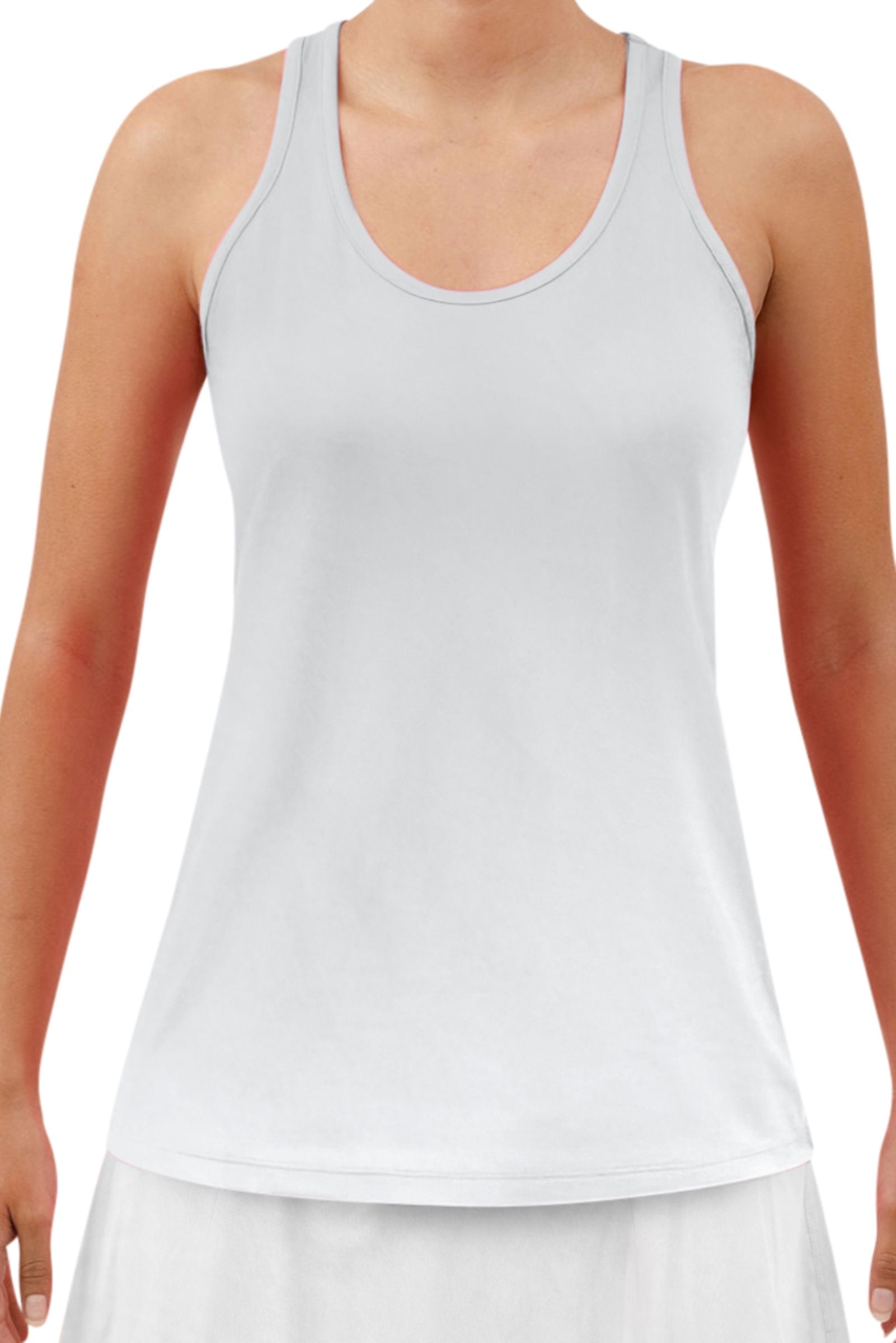 White tank top worn by a person on a white background