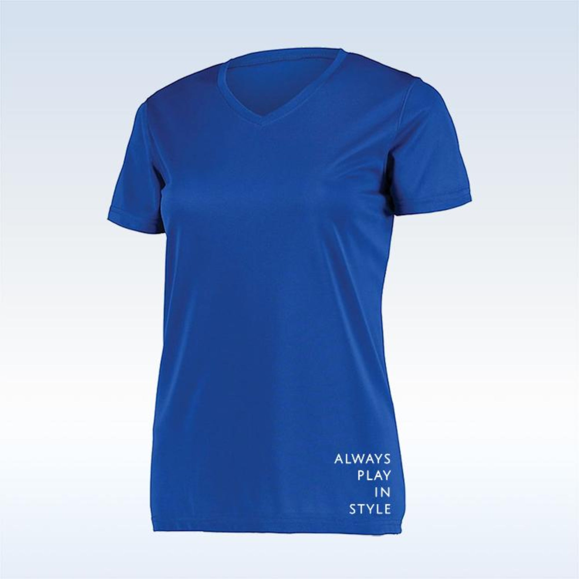 Blue t-shirt with 'Always Play in Style' text on a light blue background