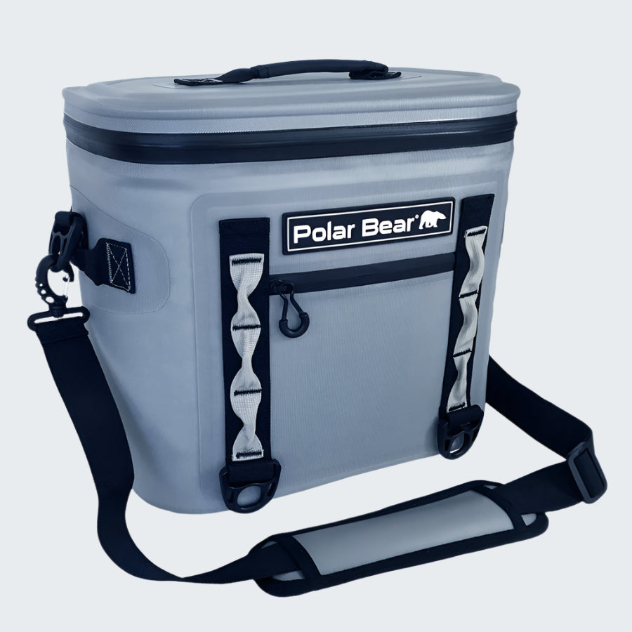 Gray cooler bag with black straps and 'Polar Bear' logo on a white background