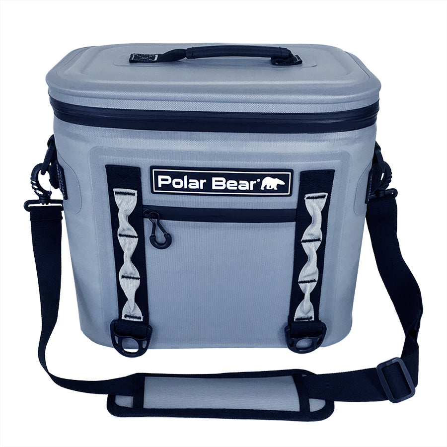 Gray cooler bag with black handles and straps on a white background, featuring the Polar Bear logo.