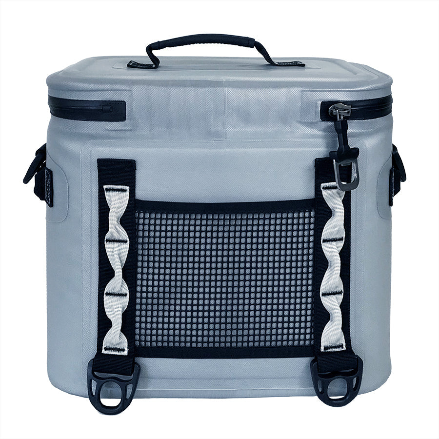 Gray cooler bag with black straps and mesh side on a white background