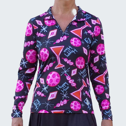 Long-sleeve shirt with pink and purple abstract pattern on a white background