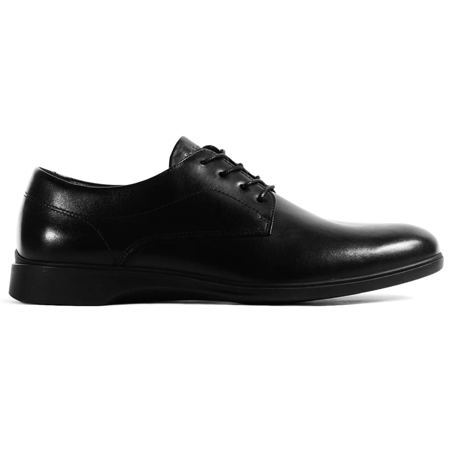 Black leather dress shoe on a white background
