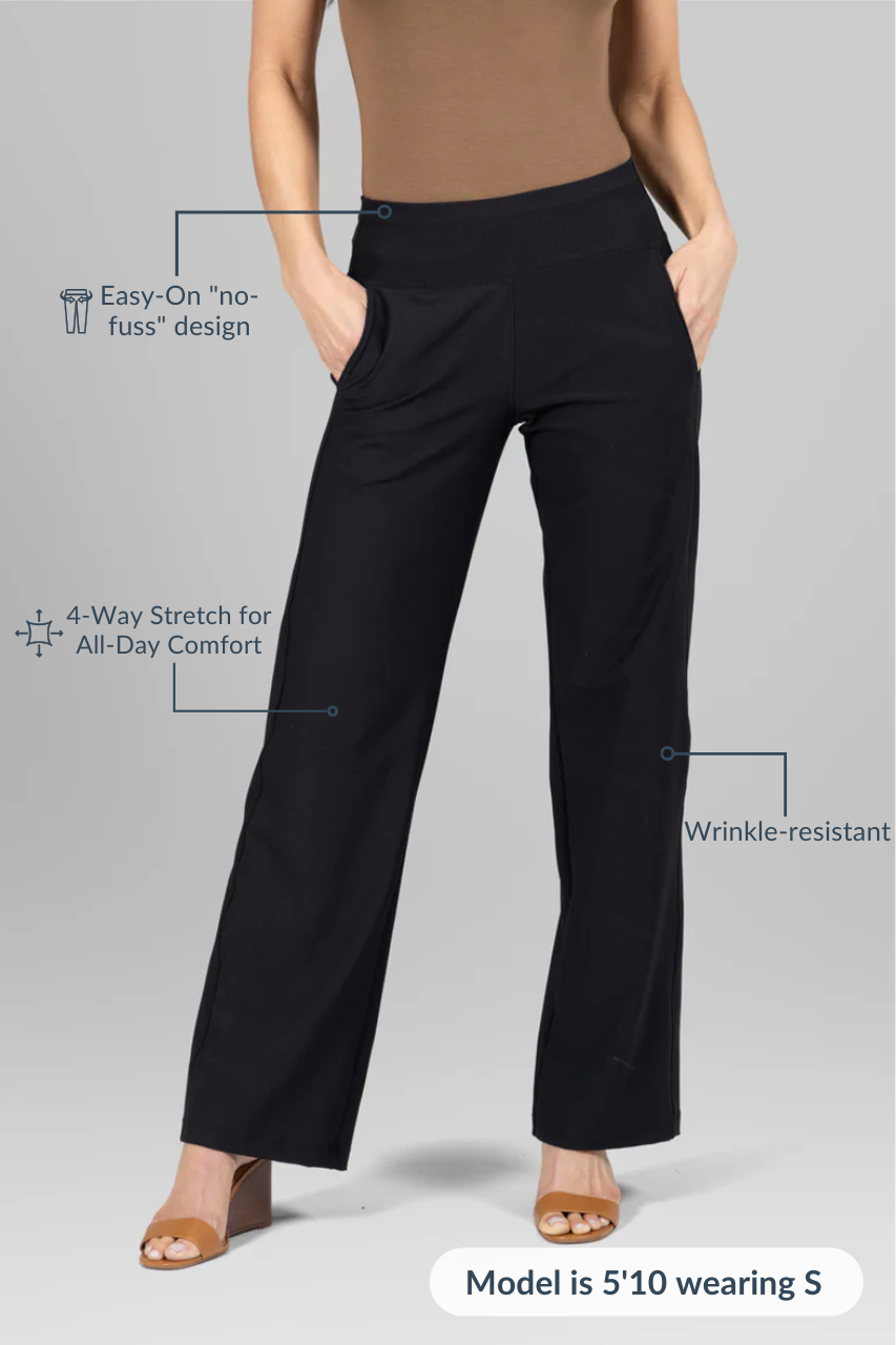 Black pants worn by a model on a gray background with text highlighting features.