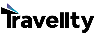 Travellty logo with a blue and purple triangle on a white background