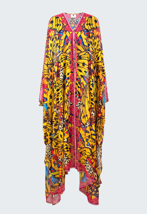 Colorful dress with butterfly pattern on a white background